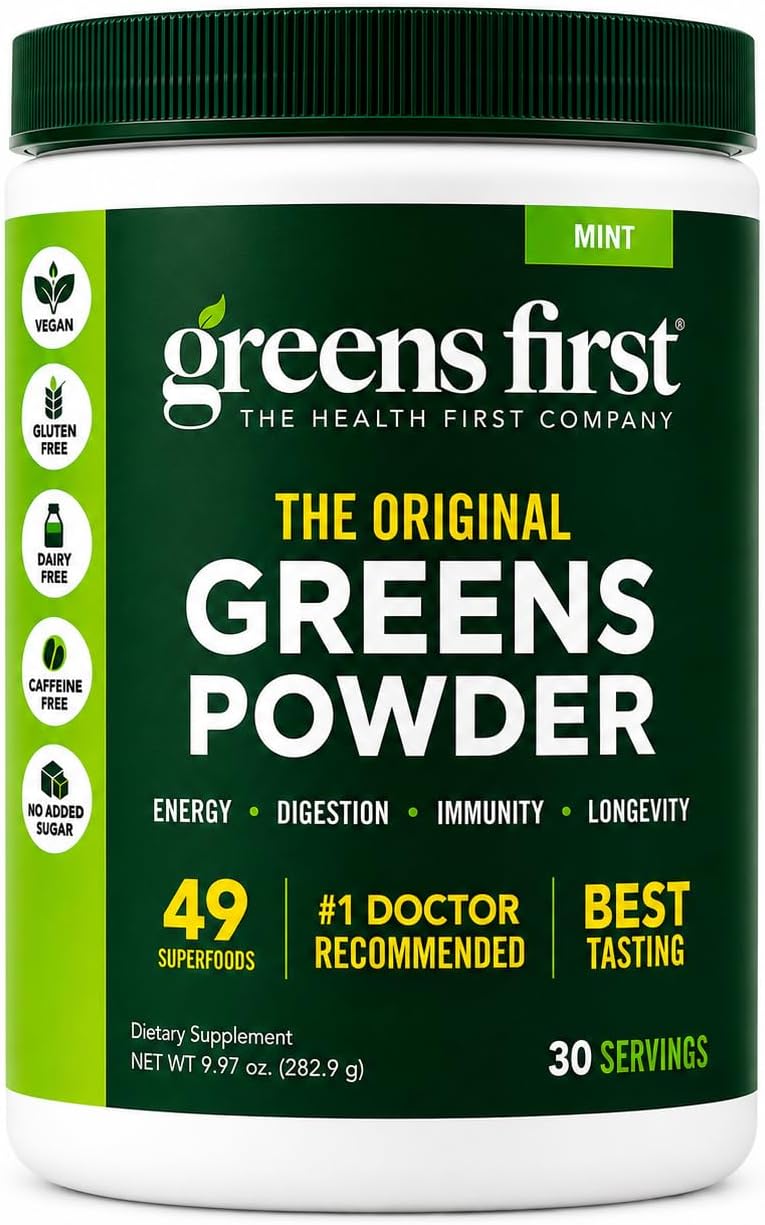 Greens First Original Greens Powder, Mint, 30 Servings | 49 Superfoods, Organic Fruits & Veggies, Prebiotics, Probiotics & Digestive Enzymes, Antioxidant Smoothie