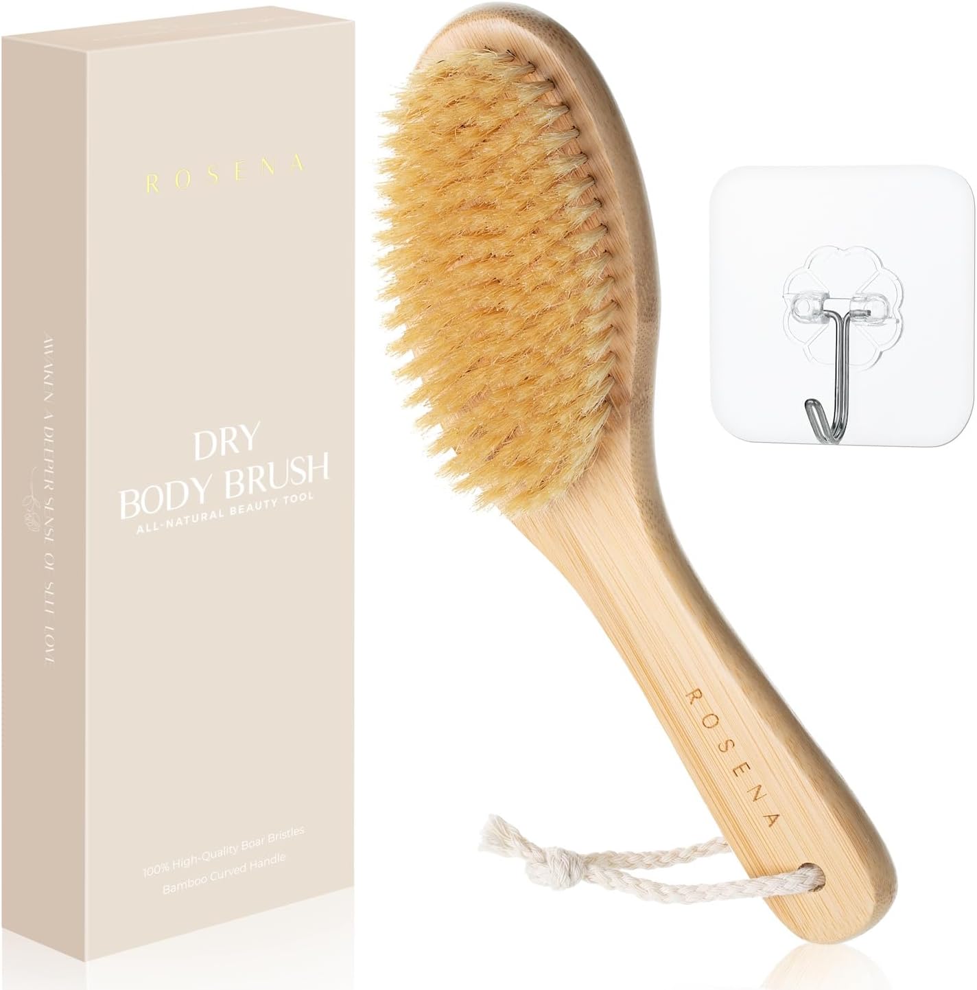 Dry Brushing Body Brush with Curved Handle, Natural Bristles, Exfoliating