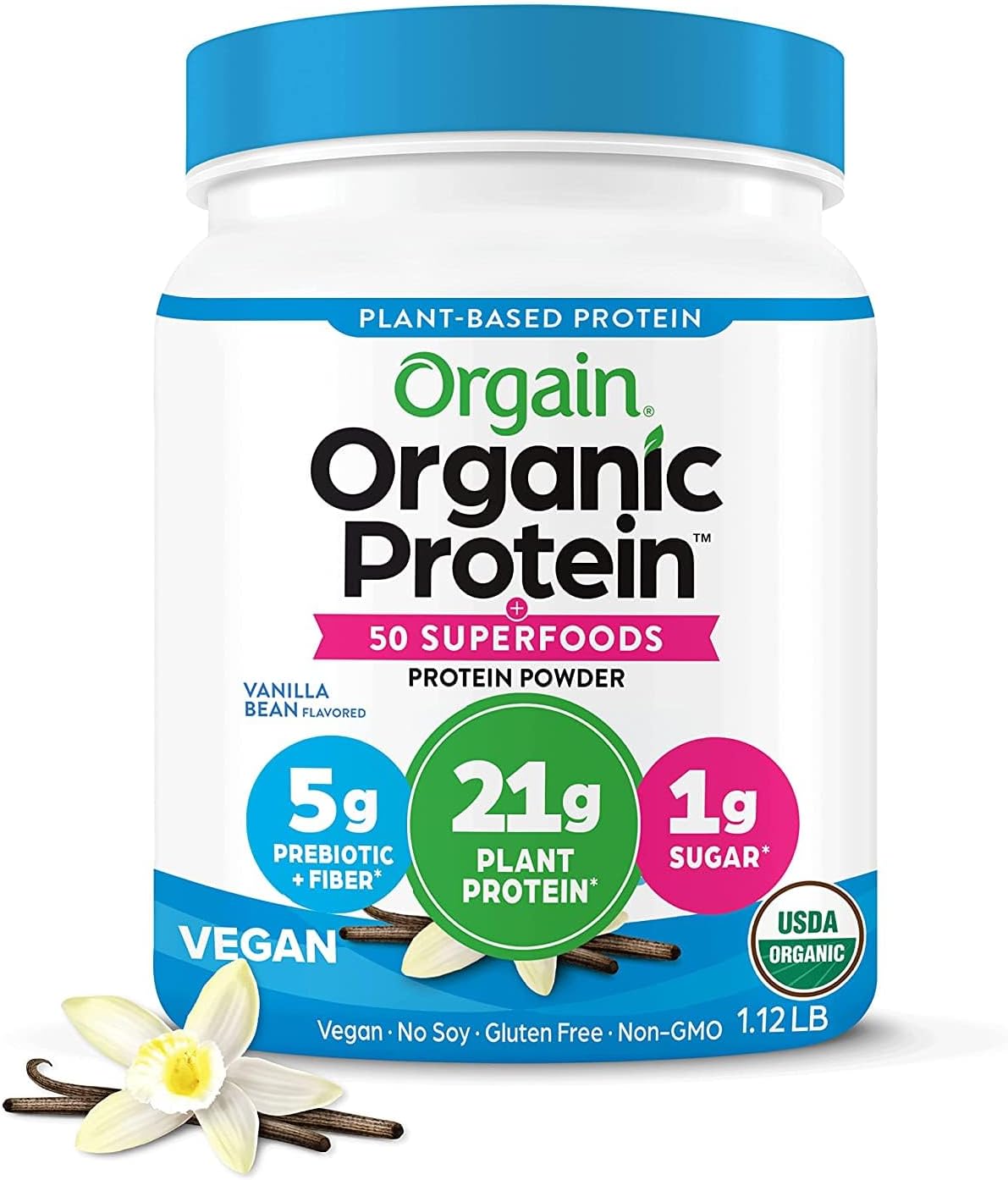 Orgain Organic Vegan 21g Protein + Superfoods Powder, Vanilla Bean, 1.12lb | Plant based protein, 50 superfoods, 8g prebiotic fiber, gluten free, no added sugar, non-GMO, no lactose ingredients