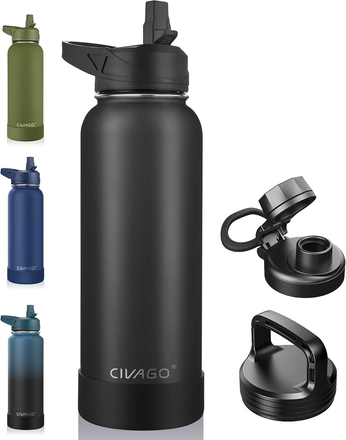 CIVAGO 40 oz Insulated Stainless Steel Water Bottle With Straw and 3 Lids | Large Metal Sports Water Jug, Leakproof Reusable Wide Mouth Thermal Flask Cup with Silicone Boot, BPA-Free, Midnight Black
