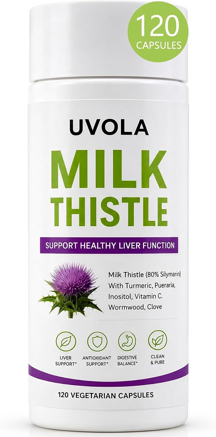 Milk Thistle Liver Support Supplement with 80% Silymarin, Inositol, Turmeric, Clove, Vitamin C and L-Methionine, Digestive and Antioxidant Support, 120 Capsules (1)