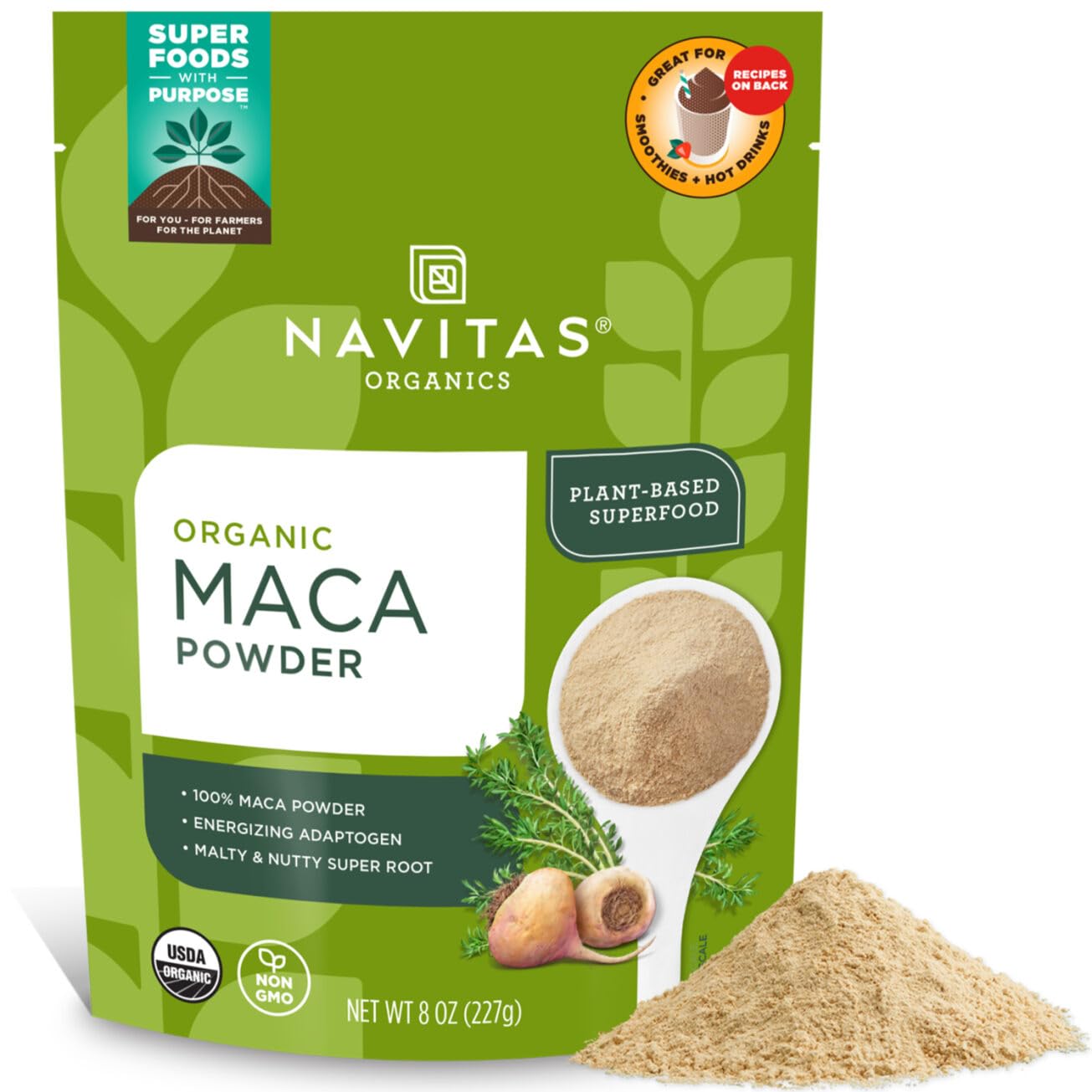 Navitas Organics Maca Powder – 100% Gelatinized Peruvian Maca for Adaptogen Smoothies, Lattes, Baking & More – Energize & Balance – USDA Organic, Non GMO, Vegan, Gluten Free (8oz. Bag, 45 Servings)