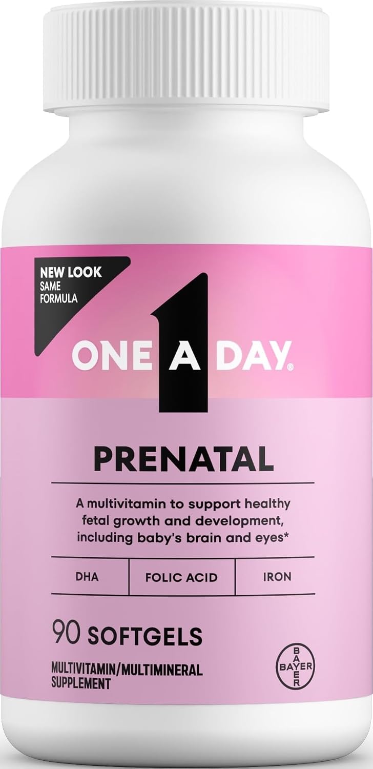 One A Day Prenatal Vitamins- Folic Acid, Iron, Omega- 3 (DHA), Pregnancy Vitamins for Women, Prenatal Multivitamin for Mom and Baby Support, Pregnancy Must Haves 90 Ct (Packaging May Vary)