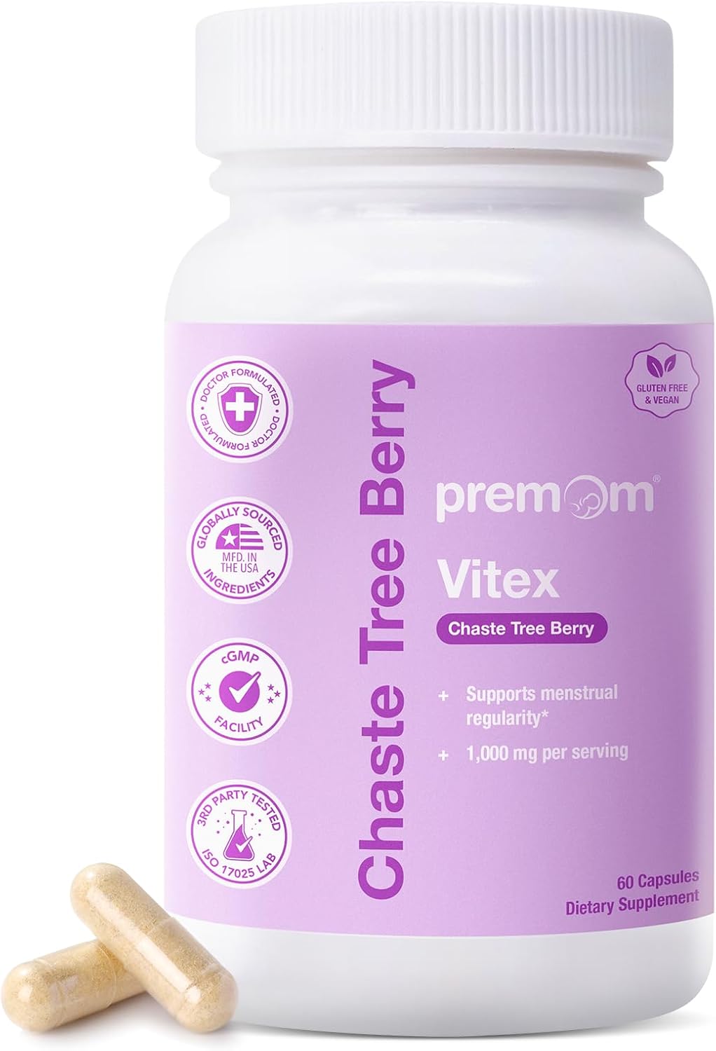 Premom Vitex Chasteberry Supplement for Women, 1,000mg Per Serving, Vegan | Hormone Balance, Menopause, Menstrual Cycle, Fertility, & PMS Support*, Natural Extract, 60 Veggie Capsules, 1 Month Supply