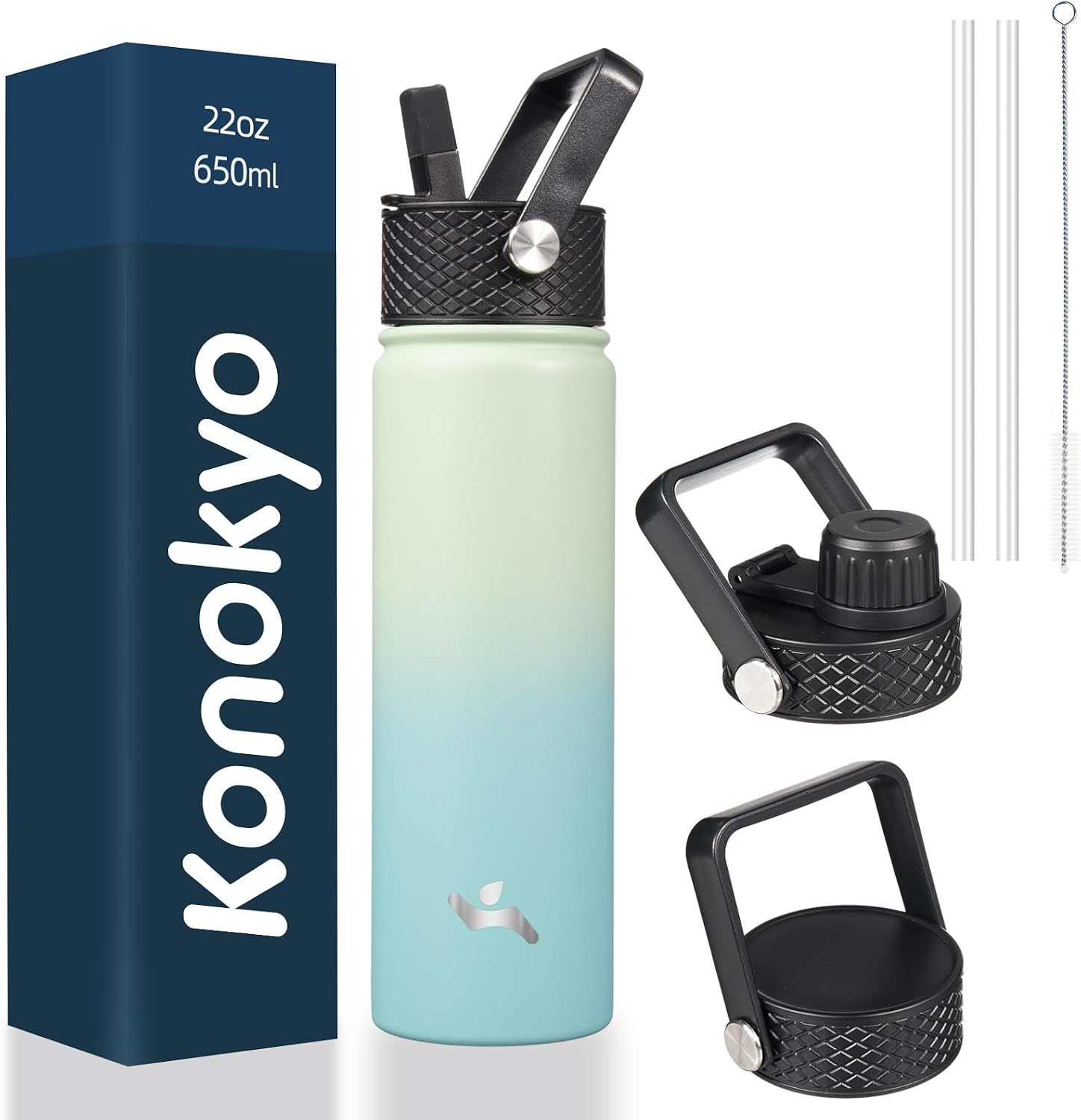 Konokyo 22 oz Insulated Stainless Steel Water Bottle with Straw Lid | Mint; BPA-free, leak-proof sports bottle for gym, school, hiking, camping, travel, outdoor use & daily hydration
