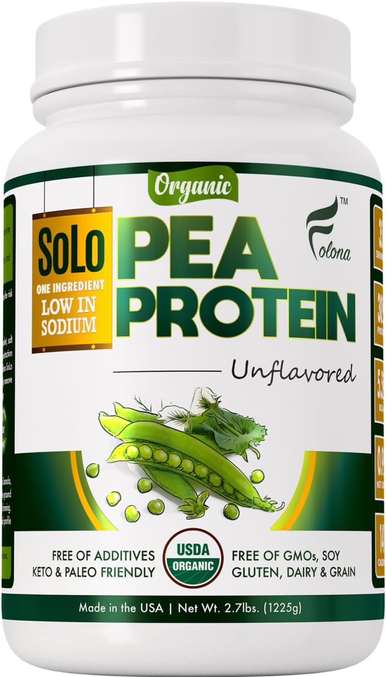 SOLO Organic Pea Protein Isolate, Unflavored Vegan Protein Powder (2.7 lbs) | Low in Sodium, Canada Grown Peas, 100% Vegan, Non-GMO, Plant Based Protein Powder with BCAA