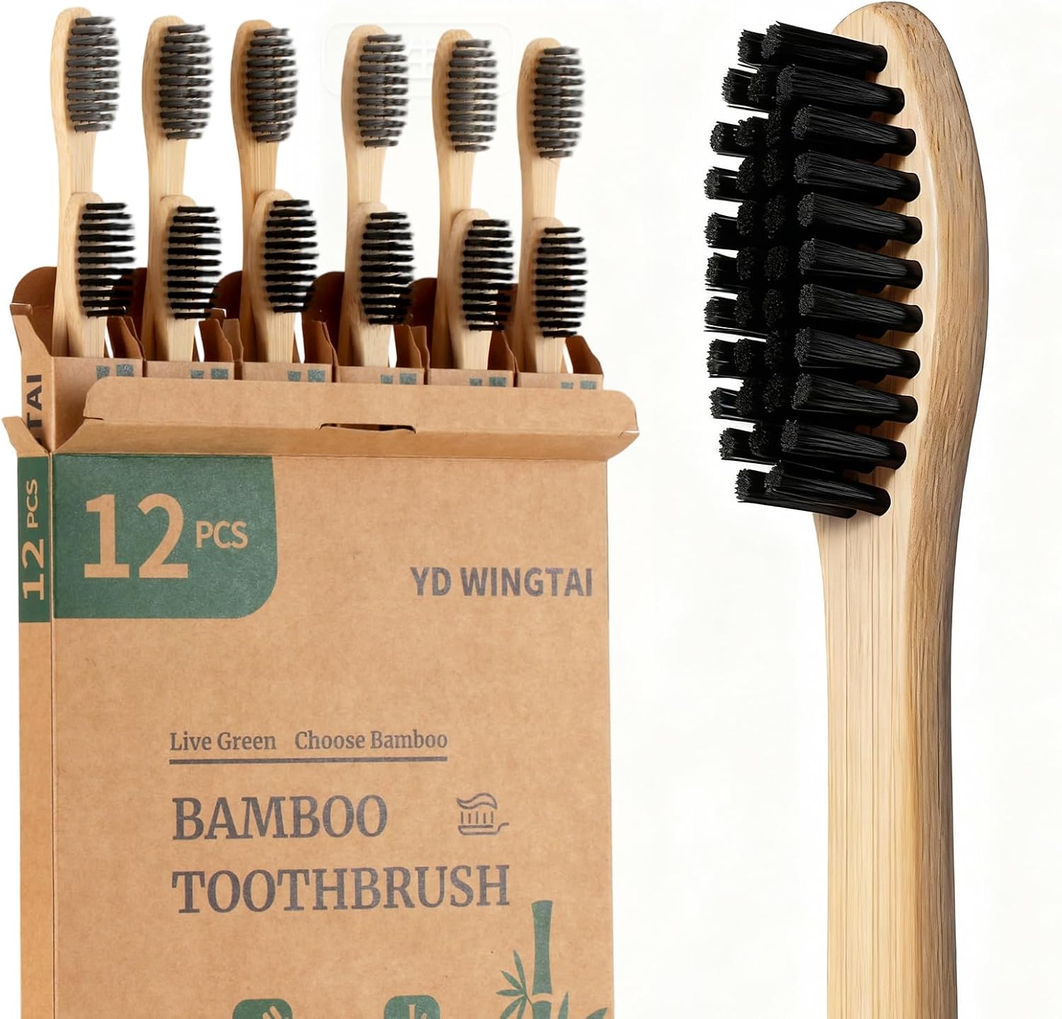 Bamboo Toothbrushes Wooden 12pack Natural Organic Charcoal Brush | Biodegradable Travel for Adults Non Plastic