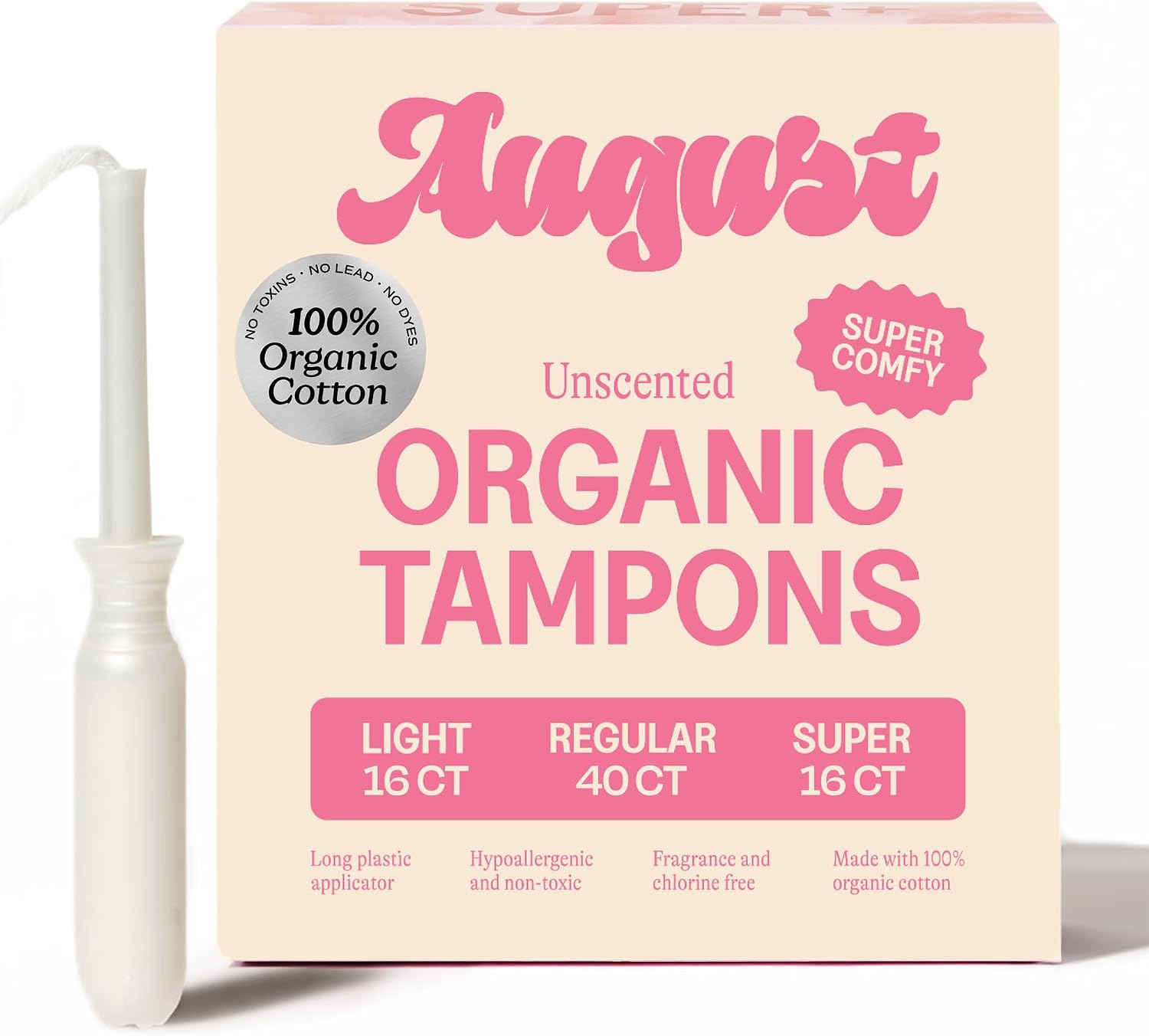 August Organic Tampons, 72-Pack Light, Regular & Super Non-Toxic Tampons | 100% organic cotton tampons with comfortable easy-glide long applicators. Fragrance free, hypoallergenic tampons for women.