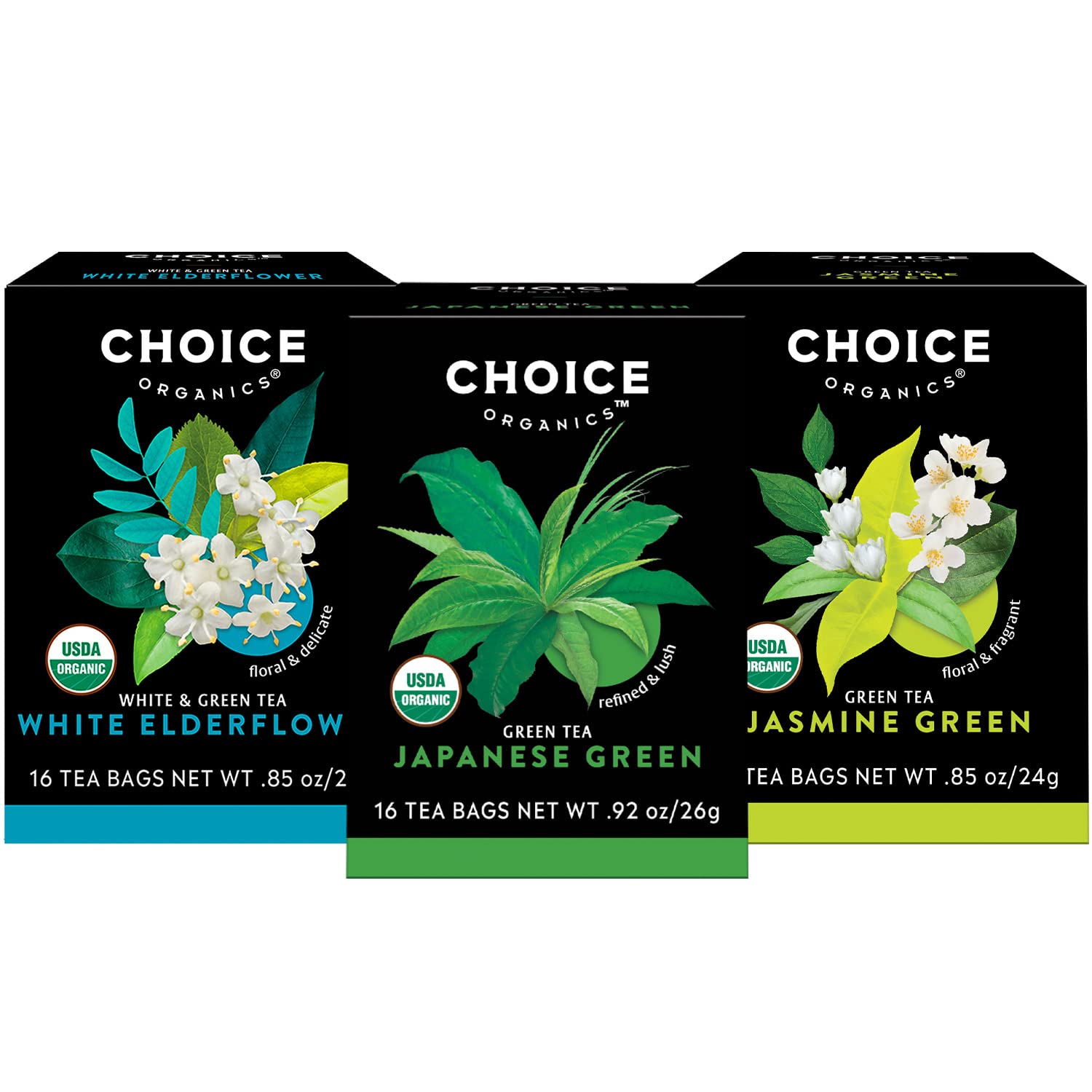 Choice Organics Green Tea & Herbal Tea Sampler, 16 Tea Bags (3 Pack) | Organic Green and Herbal Tea Sampler with Japanese Green, Jasmine Green and White Elderflower, Compostable Bags, Vegan
