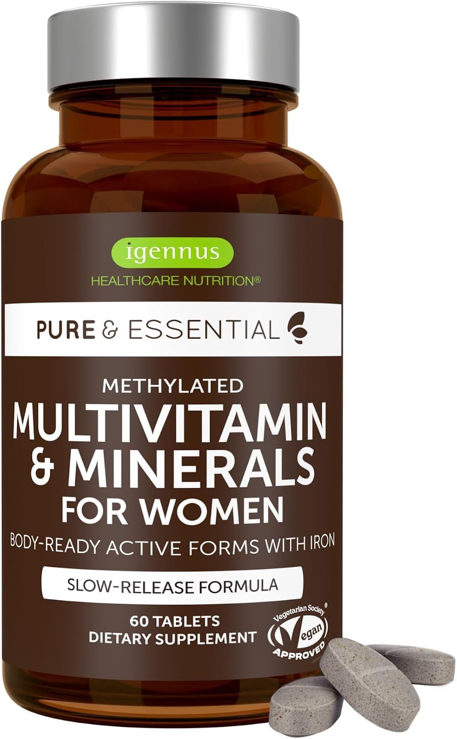 Igennus High Potency Methylated Multivitamin for Women with Gentle Iron | 5-MTHF Folate & Methylcobalamin B12, Pure & Clean, Sustained Release, Active B-Complex & K2 MK-7, Non-GMO, 60 Vegan Tablets