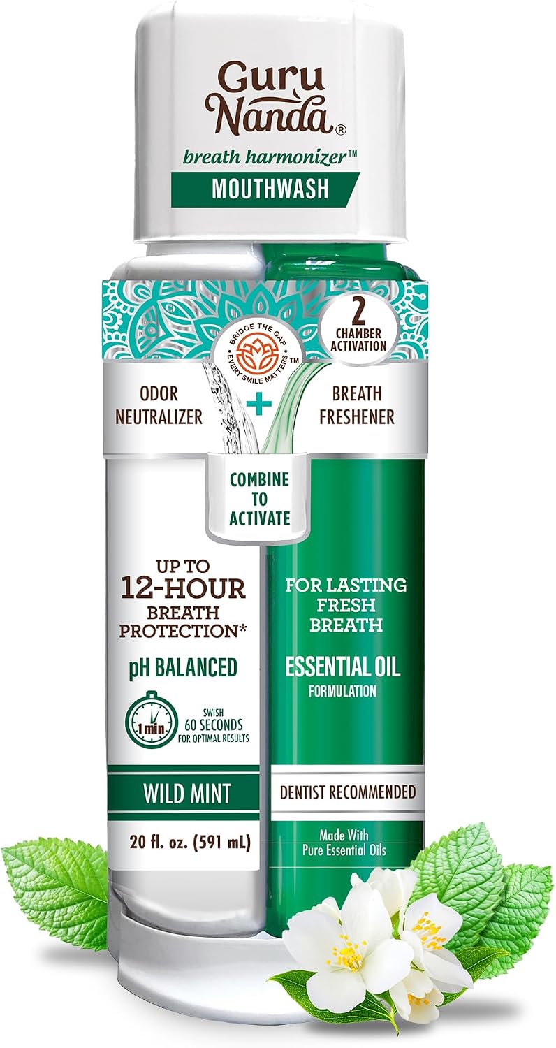 GuruNanda Dual Barrel Breath Harmonizer Mouthwash – Freshens Breath – Alcohol & Fluoride Free with Sodium Chlorite & Essential Oils – Wild Mint Flavor, 20 Fl Oz