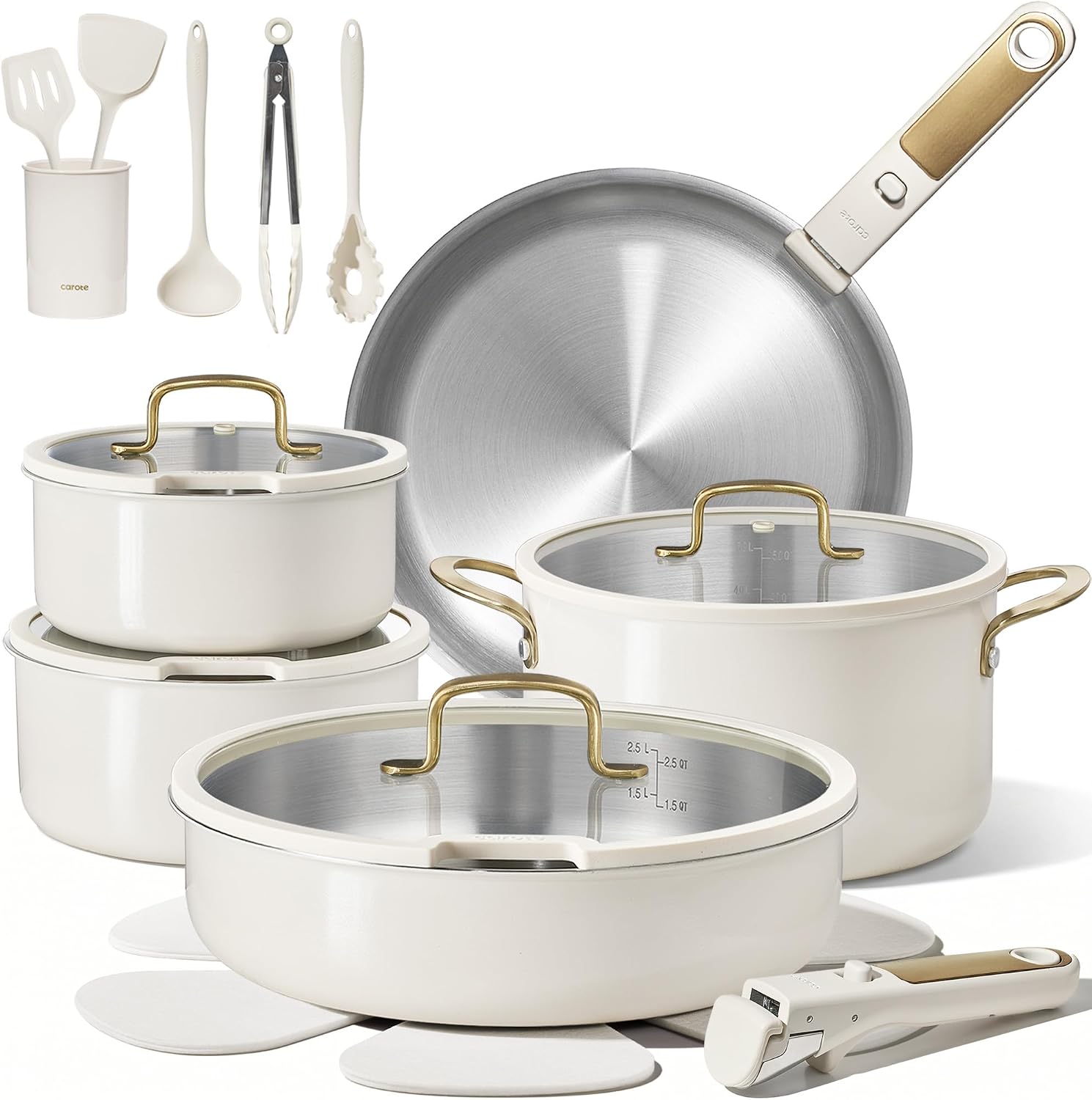 CAROTE 21pcs Tri-Ply Stainless Steel Cookware Set with Detachable Handle