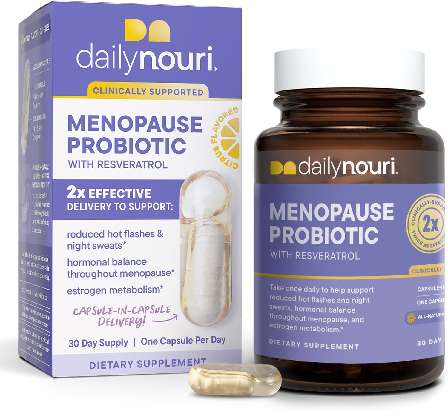 Daily Nouri Menopause Probiotics for Women | Hormonal Balance, Hot Flashes, Night Sweats & Gut Health | 3 Clinically Studied Strains + Resveratrol & Omega | 30-Day Supply
