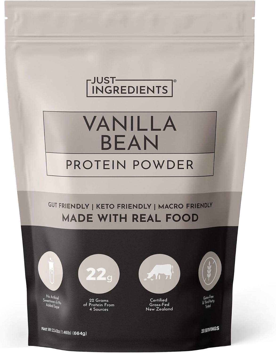JUST INGREDIENTS Vanilla Protein Powder – Grass-Fed Whey – 20 Servings