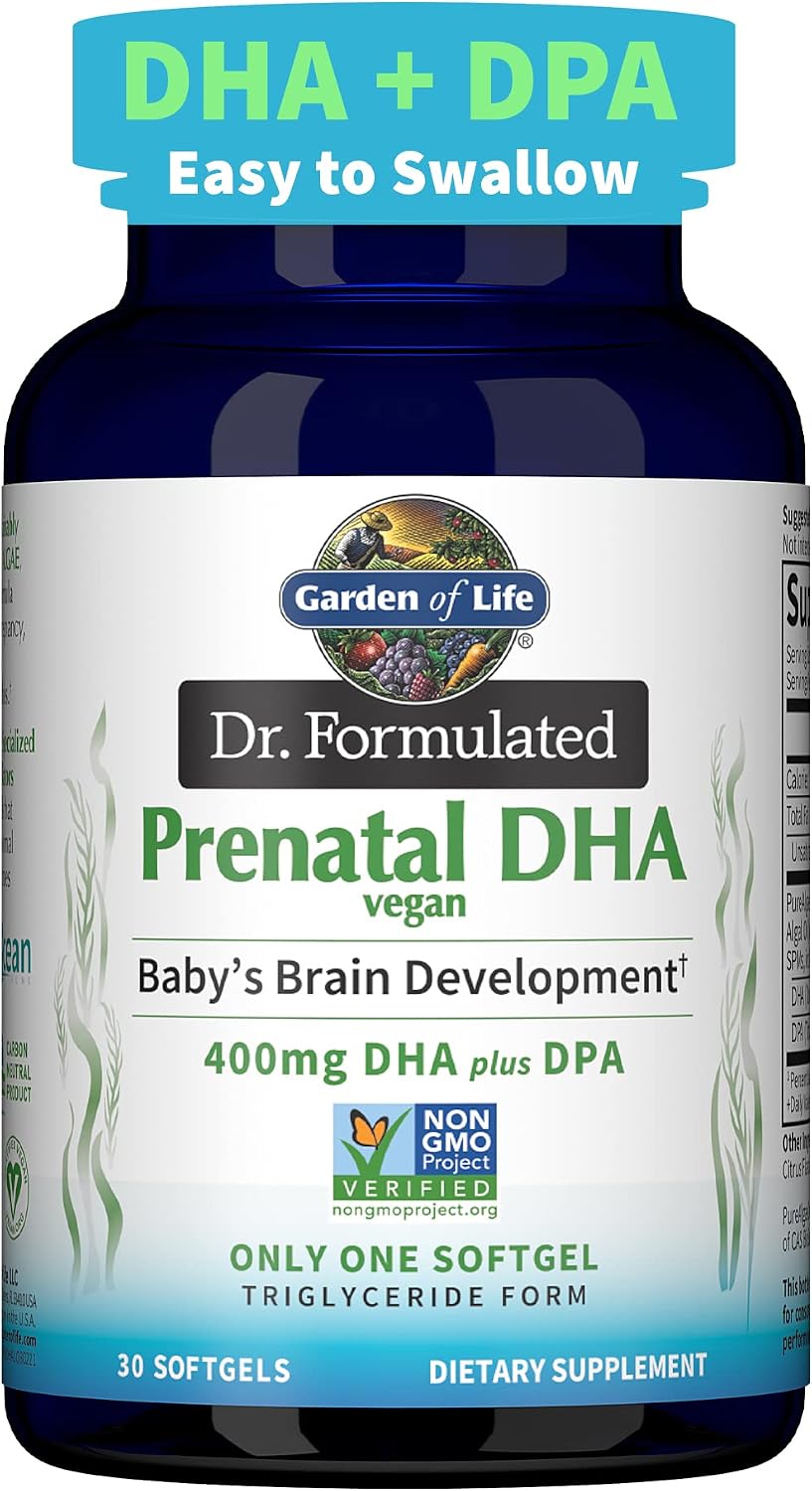 Garden of Life Dr. Formulated Prenatal Vegan DHA – Certified Vegan Omega 3 Supplement with 400mg DHA + DPA from Algal Omega 3 in Triglyceride Form, Non-GMO, 30 Softgels