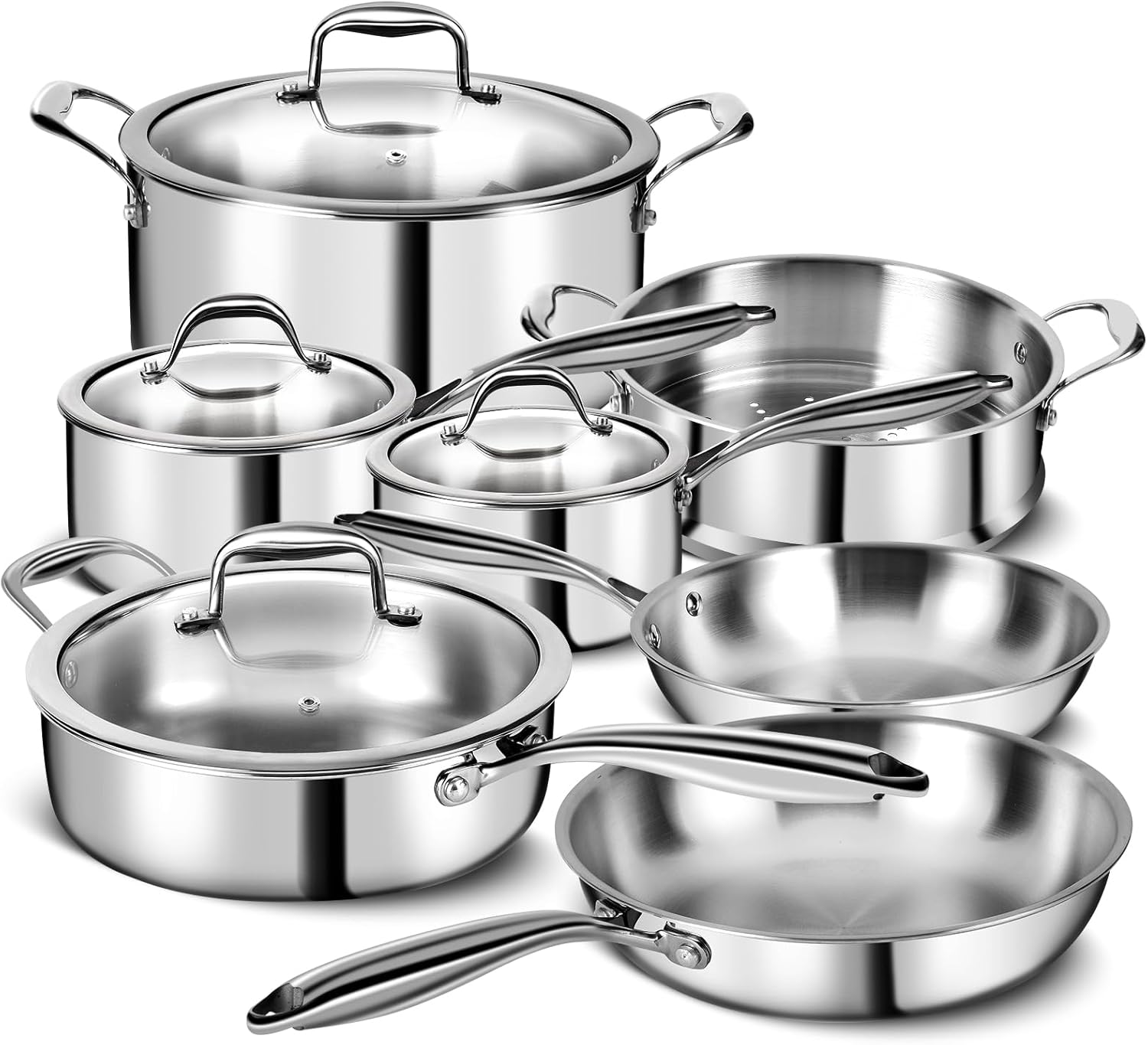 EWFEN 3 Ply Stainless Steel 11-Piece Cookware Set with Lids, Pots and Pans Kitchen Set, Non-Toxic, Induction, Oven, Dishwasher Safe, Professional Chef Quality
