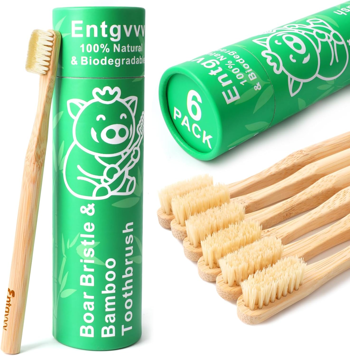 Boar Bristle Toothbrush, Plastic Free Natural Bamboo Toothbrushes | 6 Pack Non Plastic & Non Toxic Bamboo Tooth Brush, Wooden Boar Hair Toothbrushes, Manual Organic Toothbrush for Women, Men