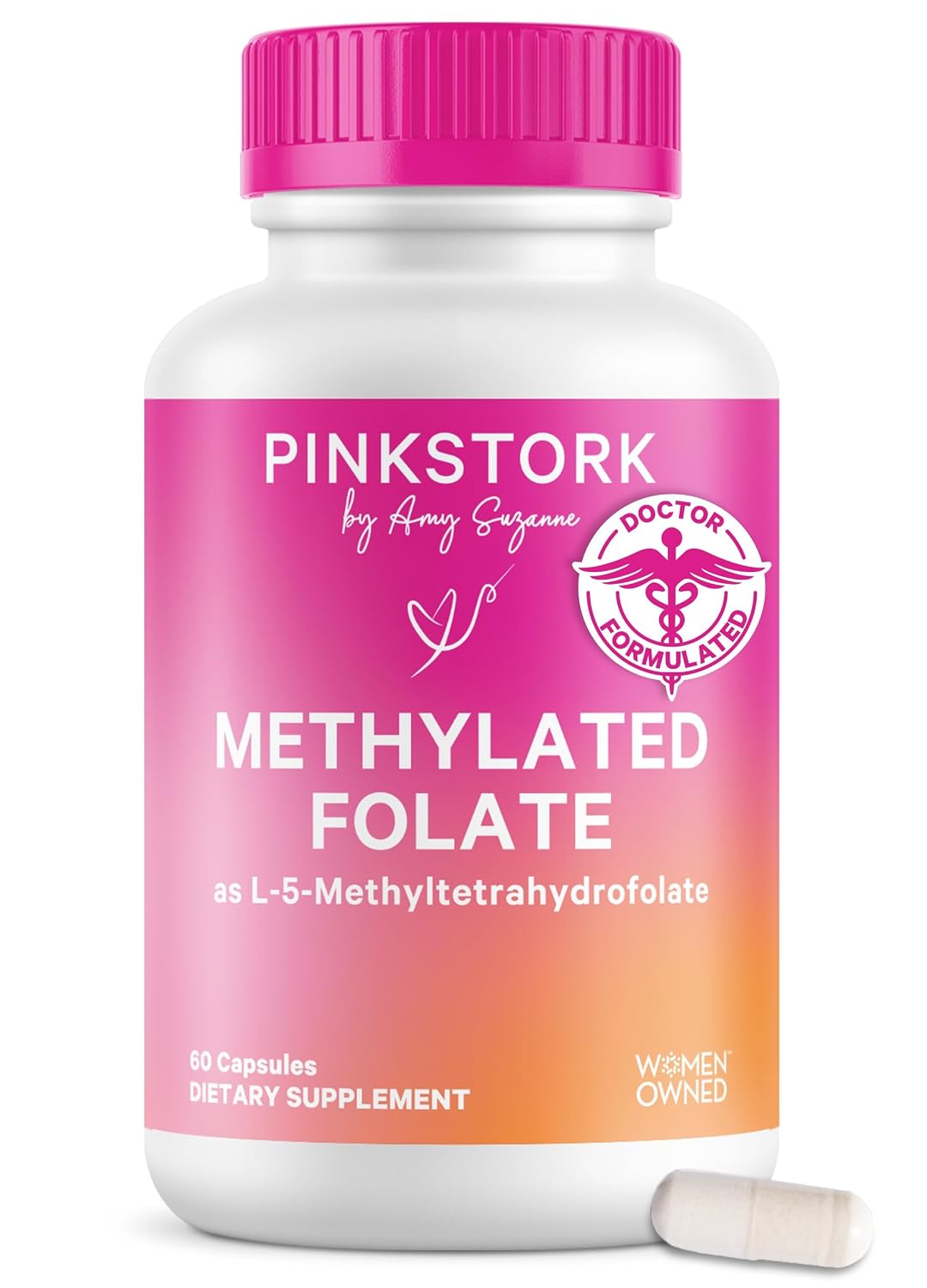 Pink Stork Folate: Methyl Folate – MTHFR Acid, Natural Form of Folic Acid for Pregnancy, Formulated for Mom + Baby, Women-Owned, 60 Capsules (Packaging May Vary)