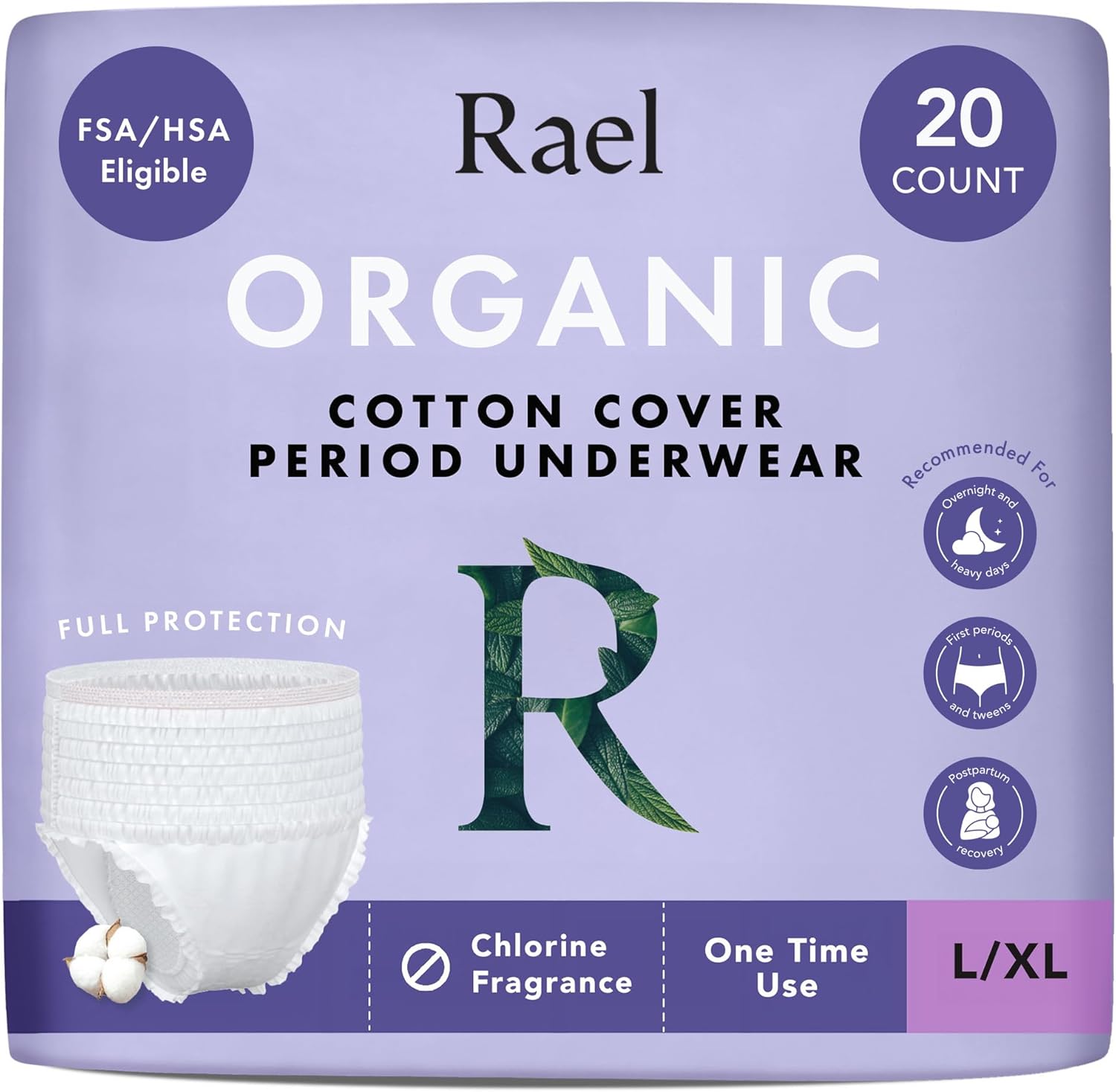 Rael Disposable Period Underwear, Organic Cotton Cover (Size L-XL, 20 Ct)