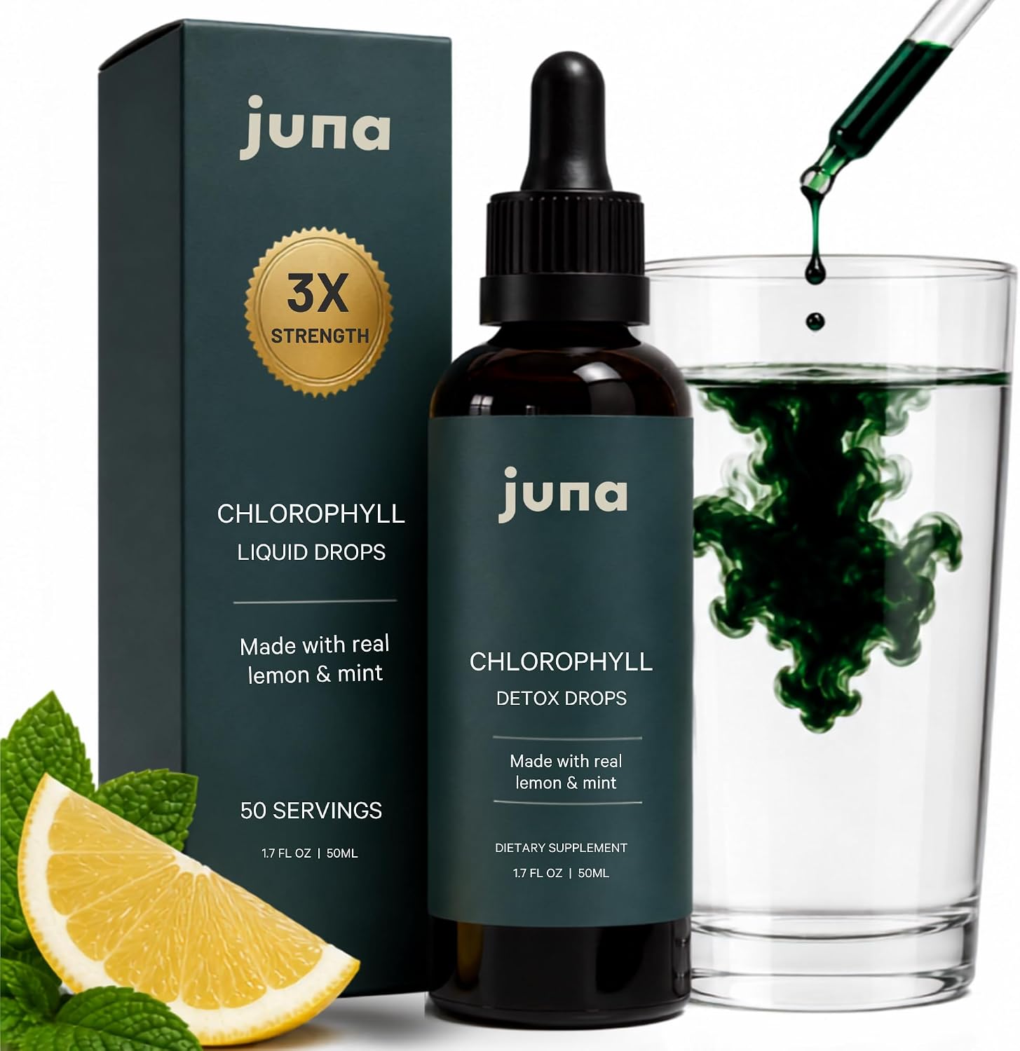 Juna Liquid Chlorophyll Detox Drops, Lemon & Mint Flavor, 3X Strength | Mulberry Leaf Derived, Non-GMO, 3rd Party Tested, Made in USA, Sugar-Free, Alcohol-Free, 60mg, Use for Daily Detox