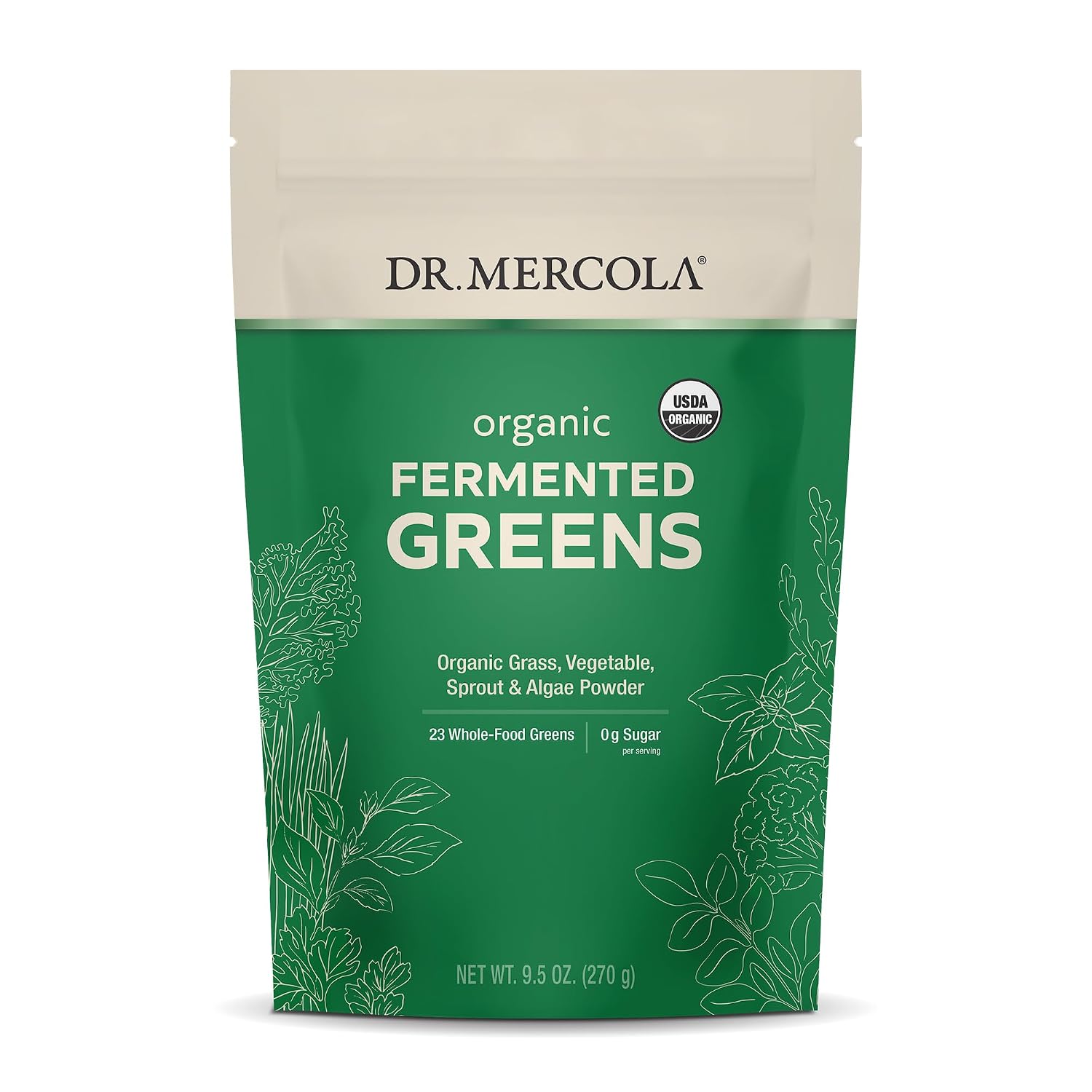 Dr. Mercola Organic Fermented Greens Powder, 9.5 oz (90 Servings) | Supports Digestion and Cellular Health, 0 g Sugar, Fermented Grasses and Vegetables, Certified Organic, Non-GMO