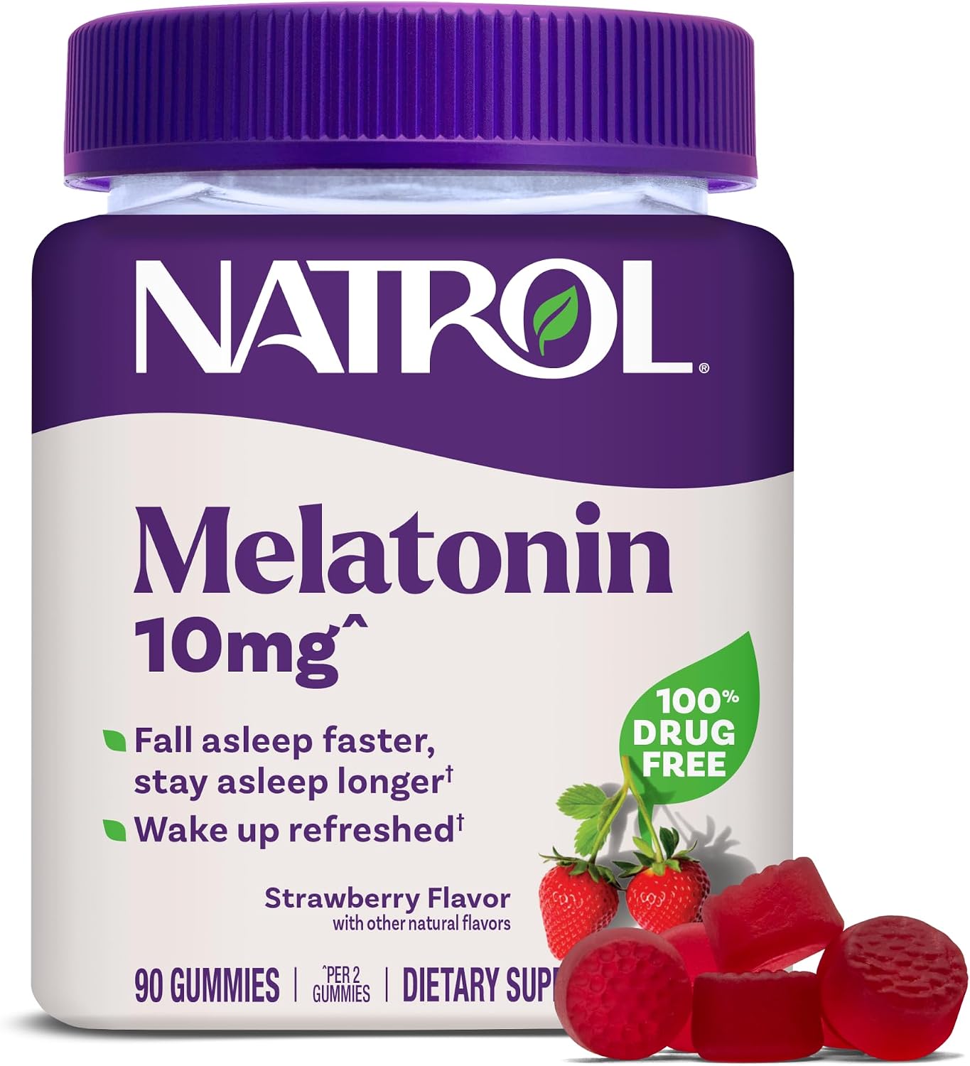 Natrol Melatonin 10 mg Gummies, Sleep Support for Adults, 90 Gummies | Supplement to Fall Asleep Faster & Stay Asleep Longer, Wake Up Refreshed, 100% Drug-Free, Strawberry-flavored, 45 Day Supply