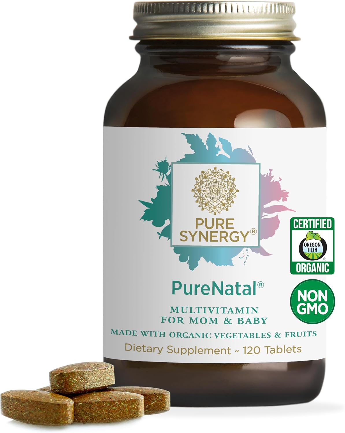 PURE SYNERGY PureNatal Prenatal Vitamins (120 Tablets) | Vegan Supplement Made with Organic Whole Foods, With Iron, Folate, & Choline, For Pre-Conception, Pregnancy, & Breastfeeding