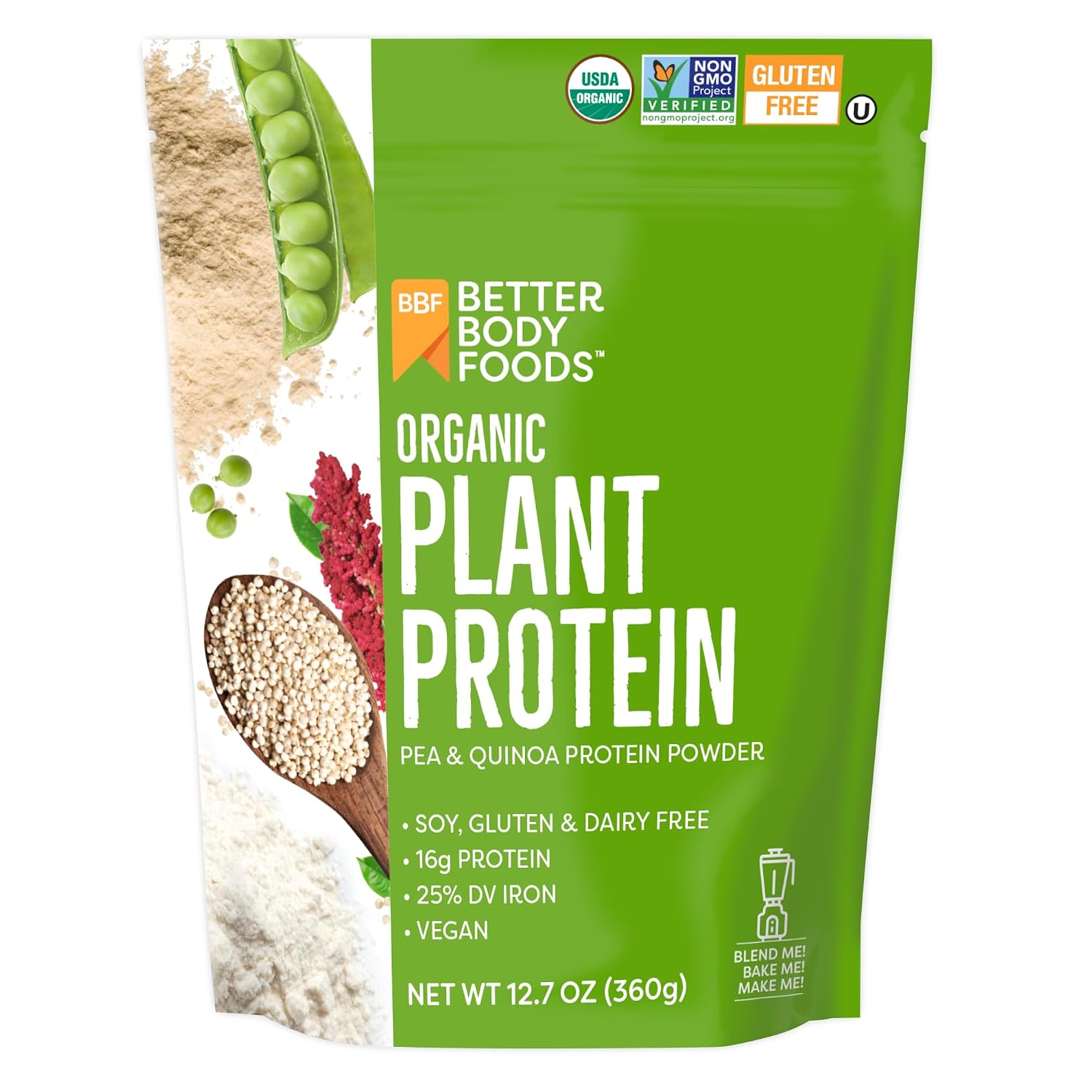 BetterBody Foods Organic Plant Protein Powder 12.7 Oz, Unflavored, Isolate | Plant Protein Isolate, Essential Amino Acids, BCAAs, Vegan, Dairy-Free, Pea protein, Organic Quinoa Powder, Protein Shake