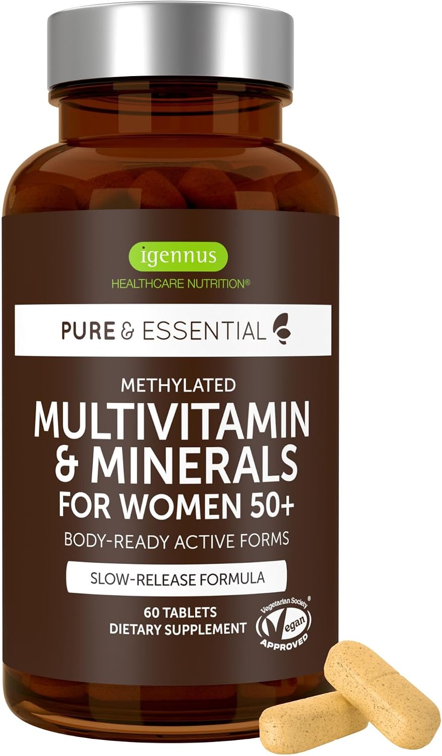 Igennus Methylated Multivitamin for Women 50+ with Calcium & Magnesium | Bone Support, Sustained Release & Active B-Vitamins, Iron-Free Formula, Antioxidant Support, Clean Label, 60 Tablets