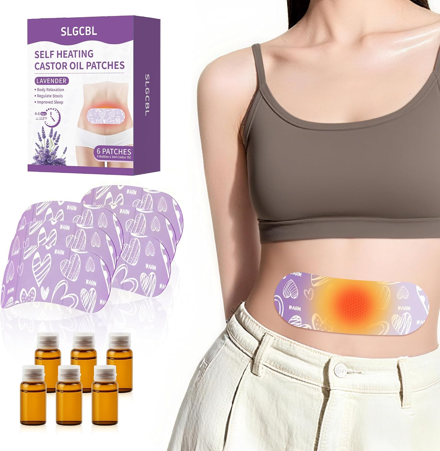 Heat Patches for Menstrual Cramps Relief with Castor Oil, Portable Period Heating Pads for Lower Abdominal & Back, Sleep, Travel Essentials, Gifts for Women, 6 Packs, Lavender Scent