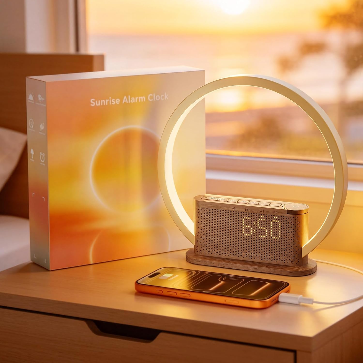 Wood Grain Alarm Clock with Sunrise & White Noise Sound Machine
