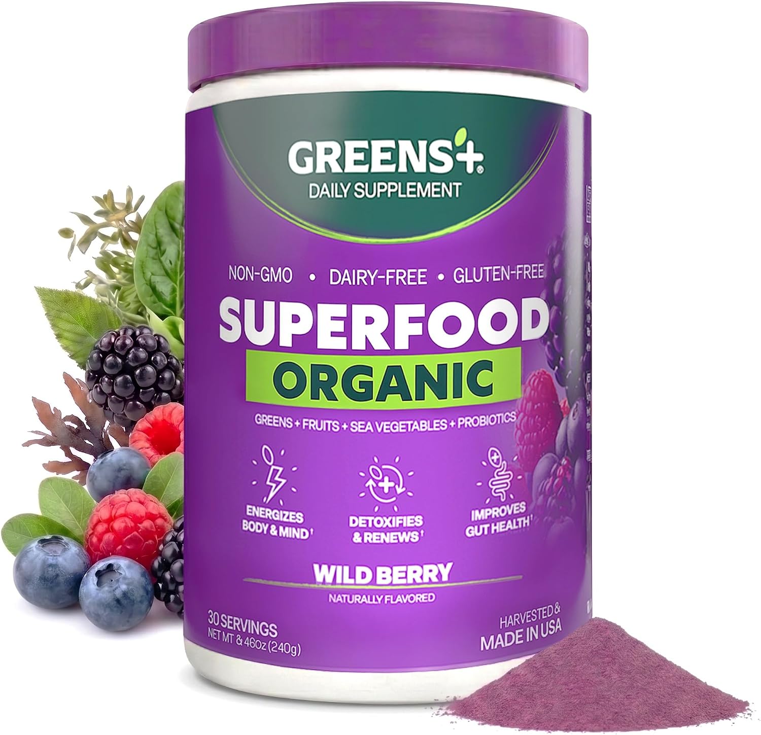 Greens+ Organic Wild Berry Superfood Powder, Dietary Supplement (8.46oz) | Antioxidant Polyphenol, Blend for Morning Kick, Energy Boost, Nutrition, Vibrant Health, Vegan Soy/Dairy/Gluten Free