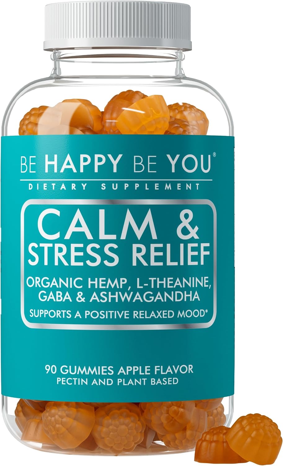 Calm & Stress Relief Gummies – with Organic Hemp Seed Oil, L-Theanine, GABA & Ashwagandha – Positive Mood & Relaxation Support – Vegan, Non-GMO, Pectin-Based – Apple Flavor – 90 Ct