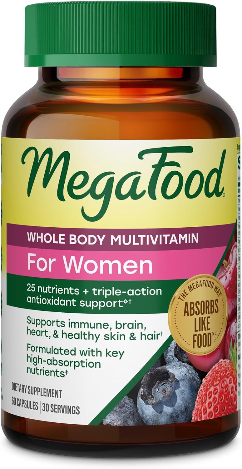 MegaFood Whole Body Multivitamin for Women with 25 Nutrients, 60 Capsules | Womens Multivitamin, Immune, Brain, Heart, Skin & Hair, Vitamin D3 K2, Magnesium Citrate, Folate, Biotin, Iron, 30 Servings