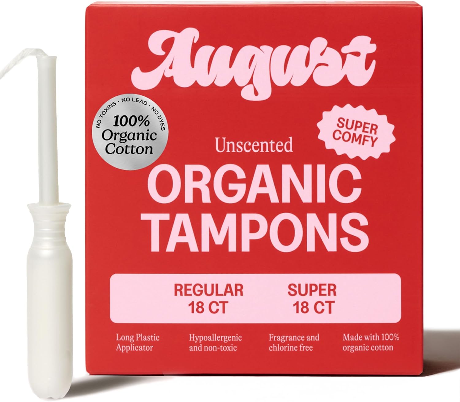 August Organic Tampons, 36-Pack Regular & Super Organic Cotton Tampons | 100% organic cotton tampons with comfortable easy-glide long applicators. Fragrance free, hypoallergenic tampons for women.