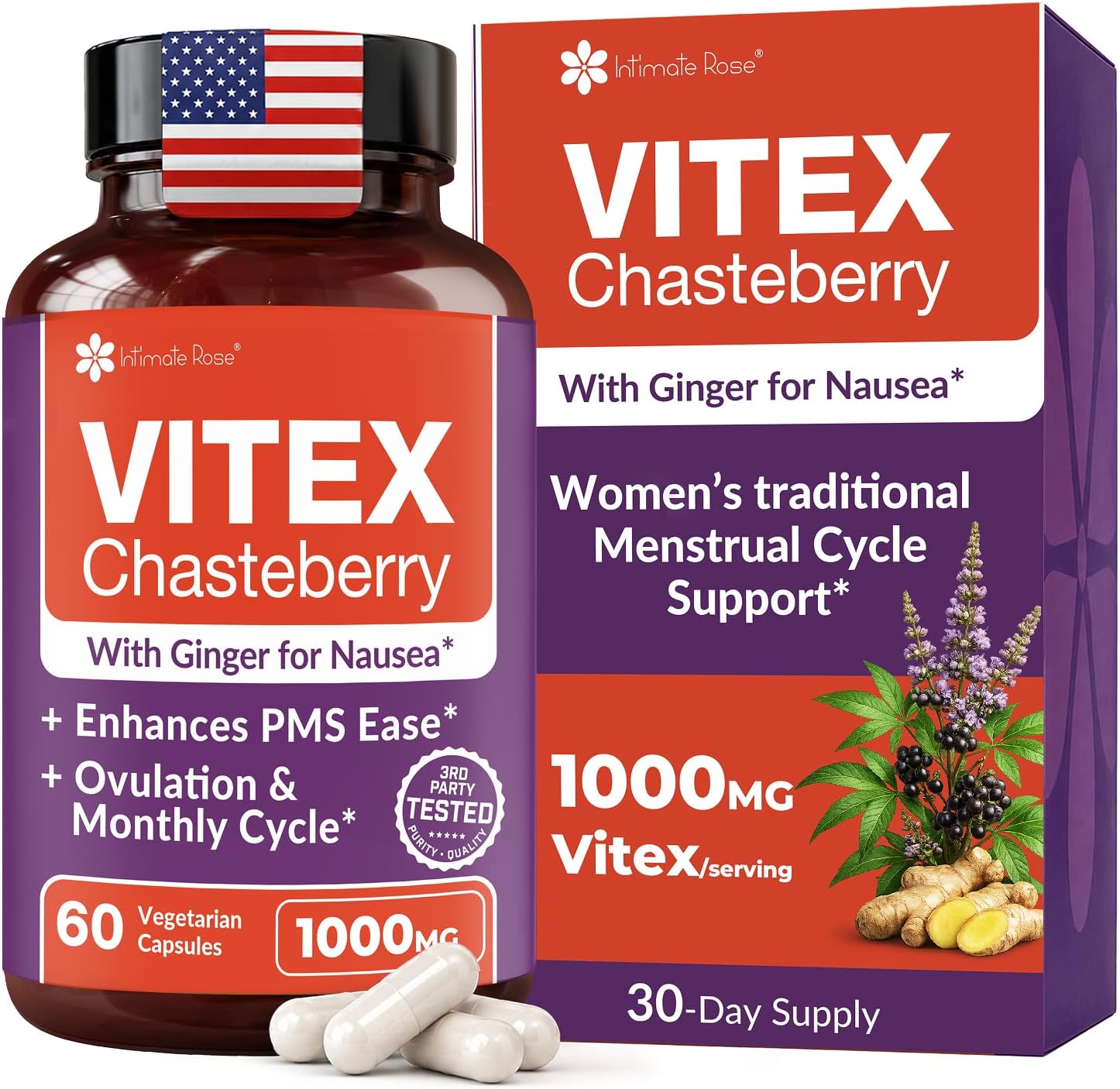 Intimate Rose Vitex Chasteberry Supplement for Women, 1000 mg | Chaste Tree Berry for Hormone Balance, Fertility & PMS Support, Regulate Cycles – 60 Capsules