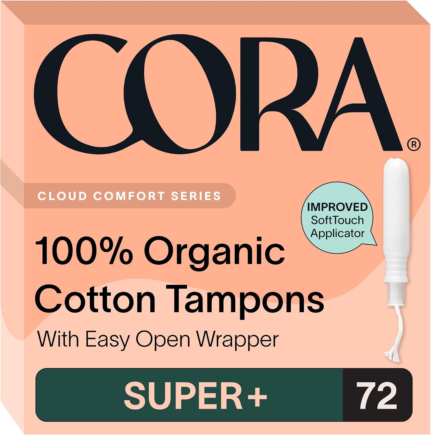 Cora Organic Cotton Tampons (72 Super Plus Tampons) | Comfortable Leak Protection, Expands to Your Shape, Made Without Chlorine, Pesticides, or Rayon, Organic Cotton Feminine Care
