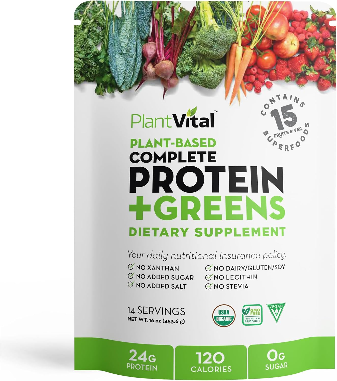 Plantvital Organic Unflavored Protein Powder Vegan – 15 Superfoods – 16oz | 24g Protein, 0g Sugar, Greens, Probiotics & BCAAs – Plant Based, Non-GMO, Gluten Free, 14 Servings, Supports Muscle Growth