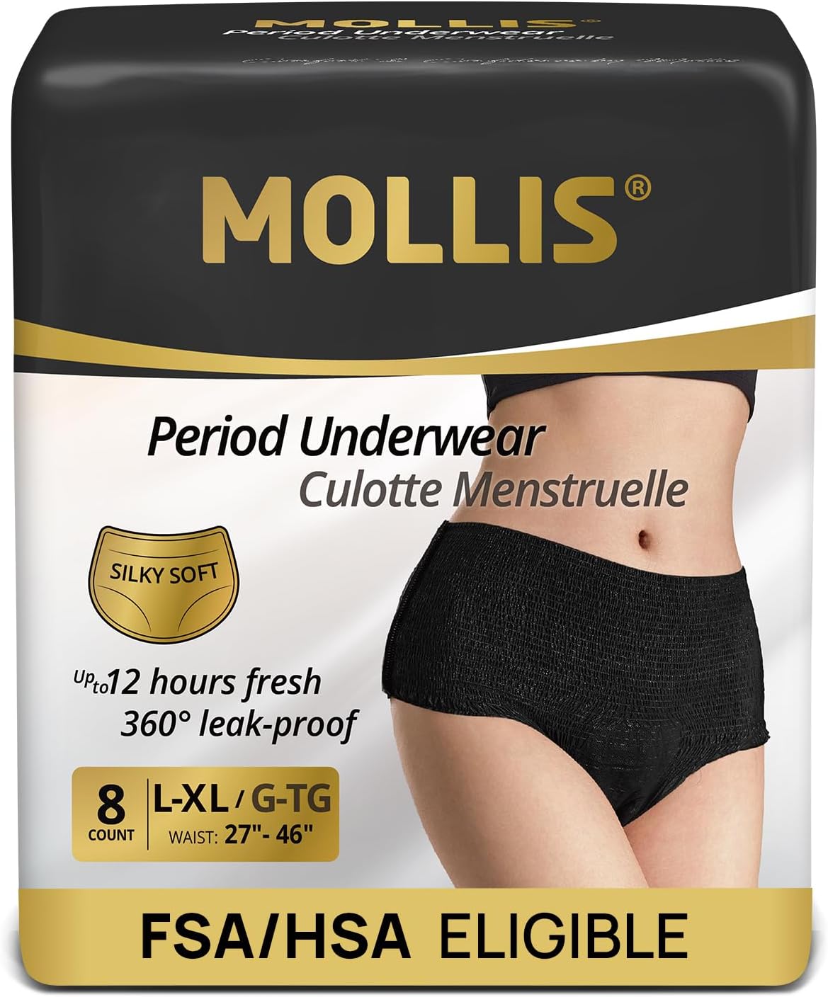 MOLLIS Disposable Period Underwear, Postpartum Panties, L/XL, Black, 8Ct