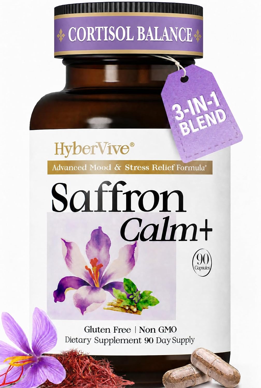 Saffron Supplements with Ashwagandha & L-Theanine, 368.5mg, 90 Vegan Caps