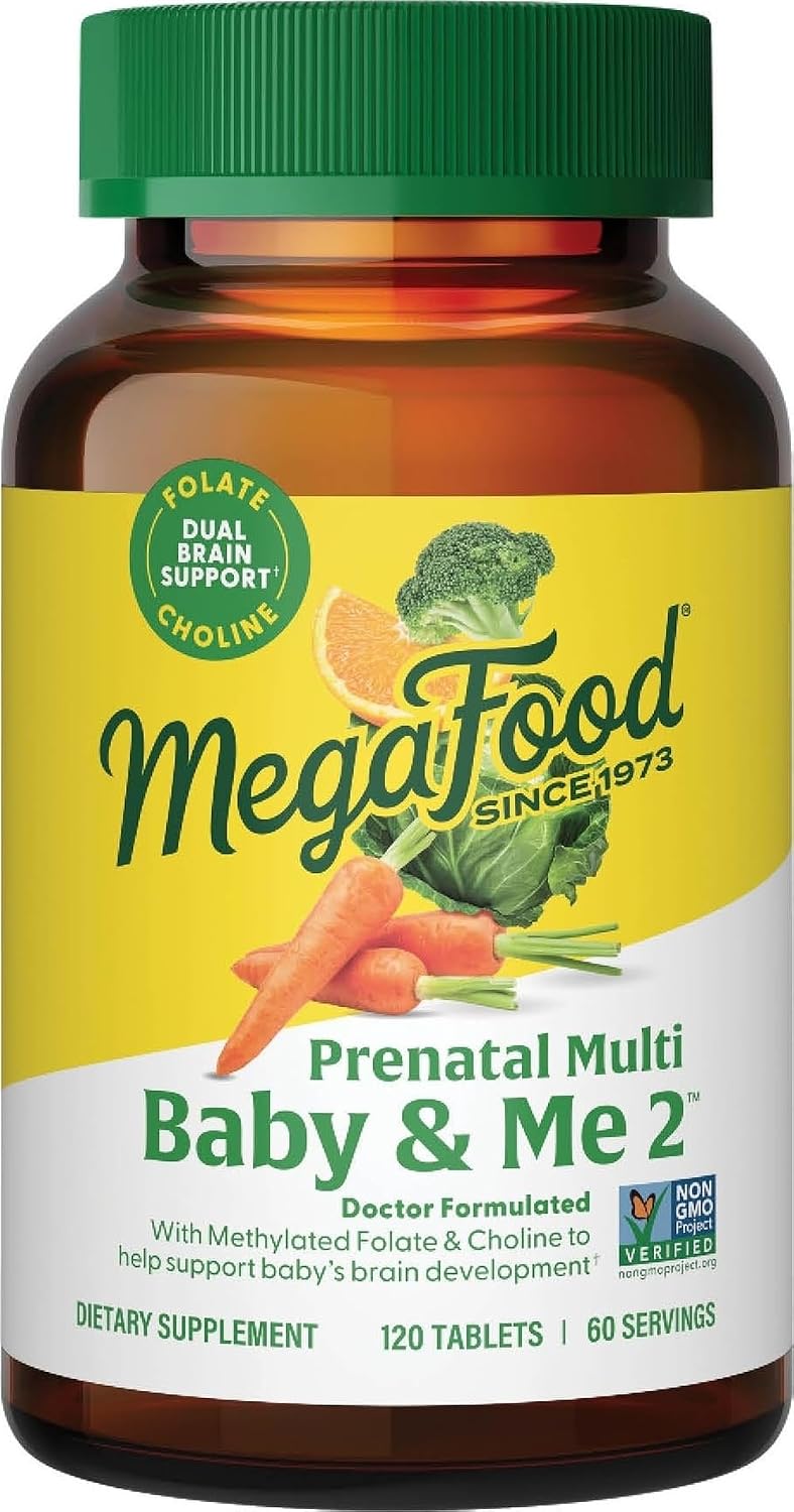 MegaFood Baby & Me 2 Prenatal Vitamins, Doctor Formulated, 120 Tablets | Prenatal Vitamins for Women with Methylfolate, Choline, Iron, Iodine, Vitamin C & D3, Non-GMO, Vegetarian, 60 Servings