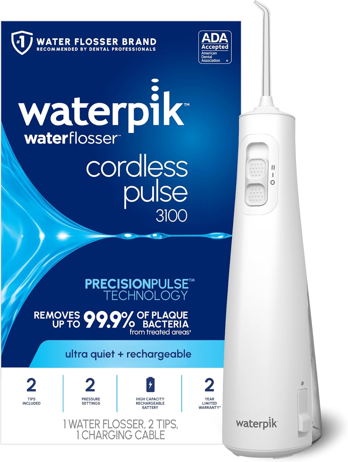 Waterpik Cordless Pulse 3100 Portable Water Flosser, Rechargeable, White