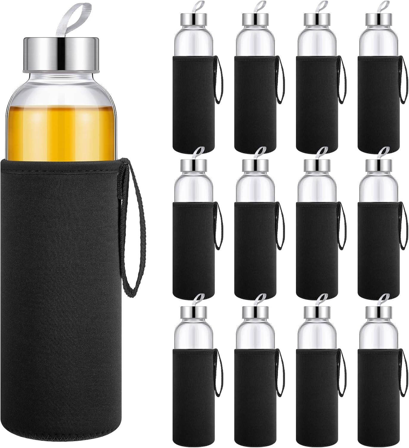Vesici 12 Pack Glass Water Bottles with Sleeves, Black, Stylish | 18 oz Each, Reusable Juicing, Leakproof Screw Caps, Refrigerator Storage, Summer Beach Party Favors