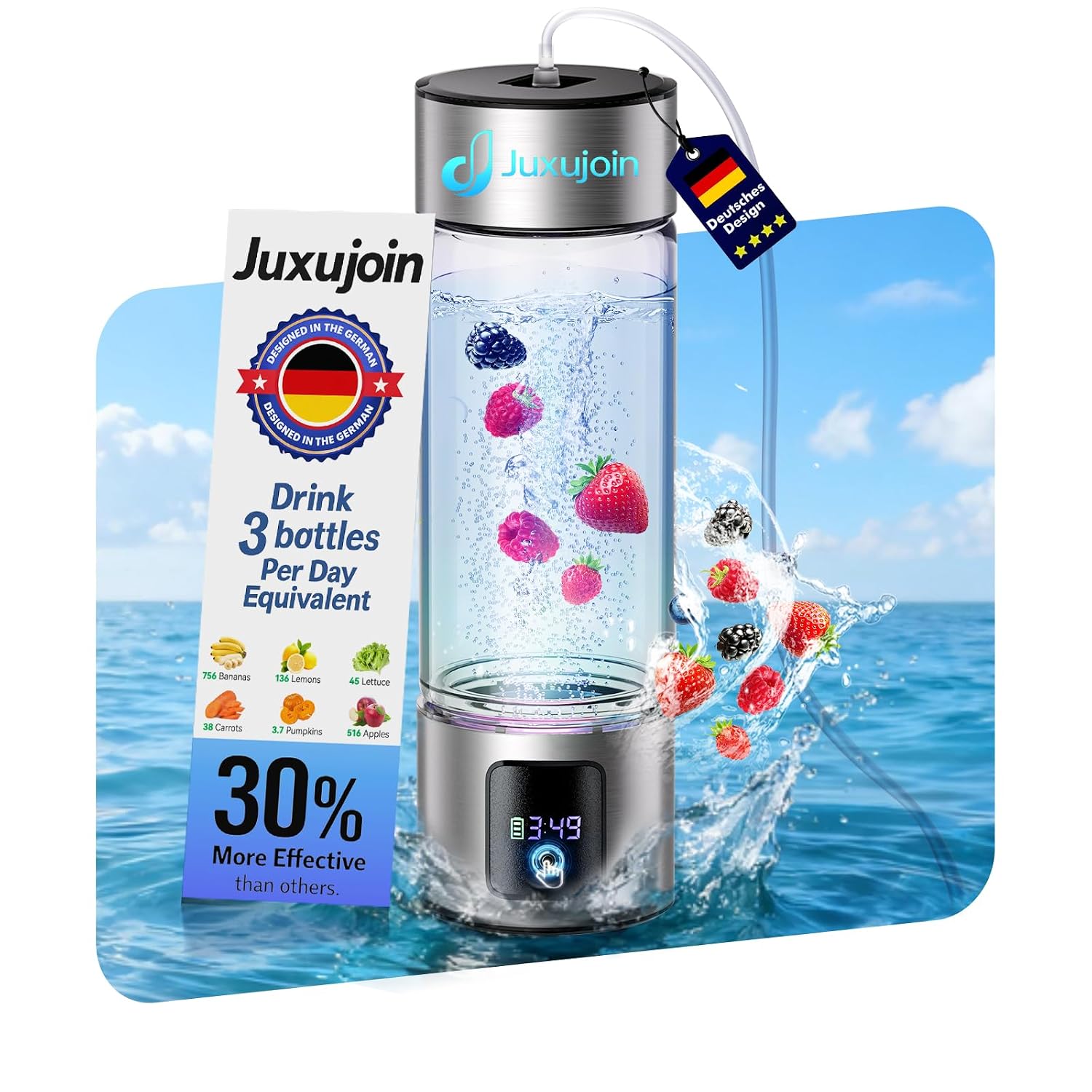 Upgrade 3-in-1 Hydrogen Water Bottle with Display – Industry TOP – 24-Hour Hydrogen Lock | 0 Chlorine & 0 Ozone | 100% Leak-Proof Seal, Hydrogen Water Bottle Generator with Hydrogen Straw