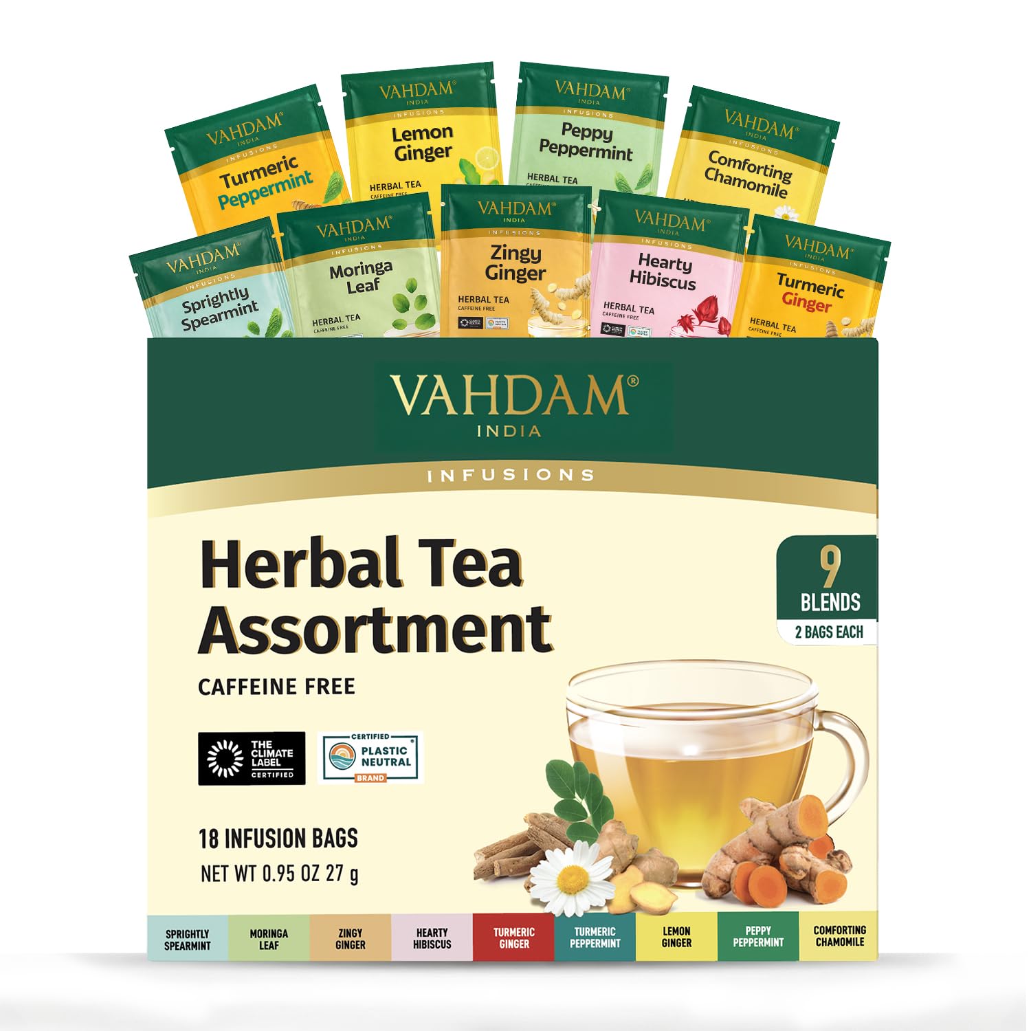 VAHDAM, Assorted Herbal Tea Sampler (18 Tea Bags, 9 Flavors) Caffeine-Free, Non-GMO | Delightful Natural Flavours, Individually Wrapped Tea Bags | Herbal Tea Assortment