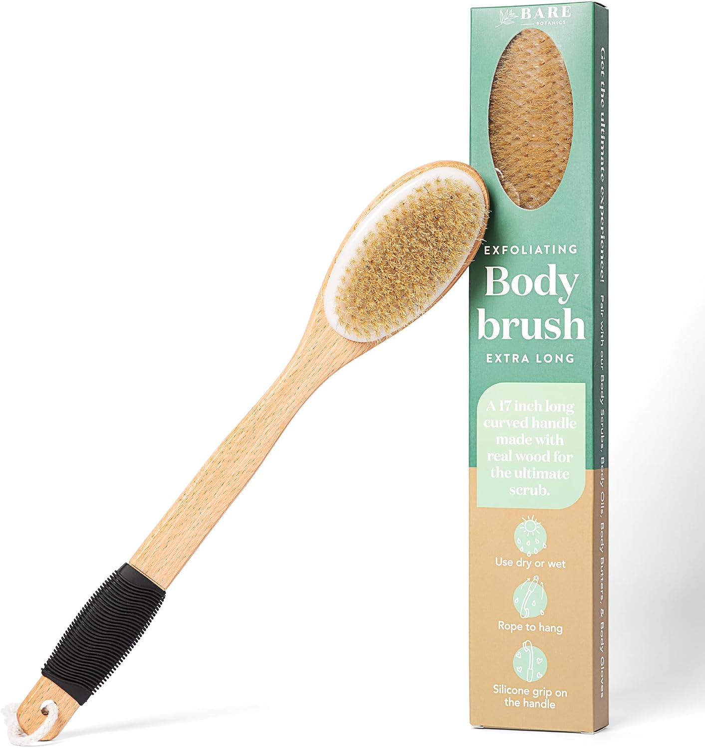 Bare Botanics 17″ Extra Long Dry Body Brush – Medium Firmness Back Scrubber