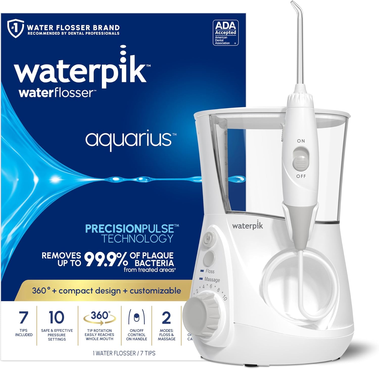 Waterpik Aquarius Countertop Water Flosser with 10 Settings, 7 Tips, White