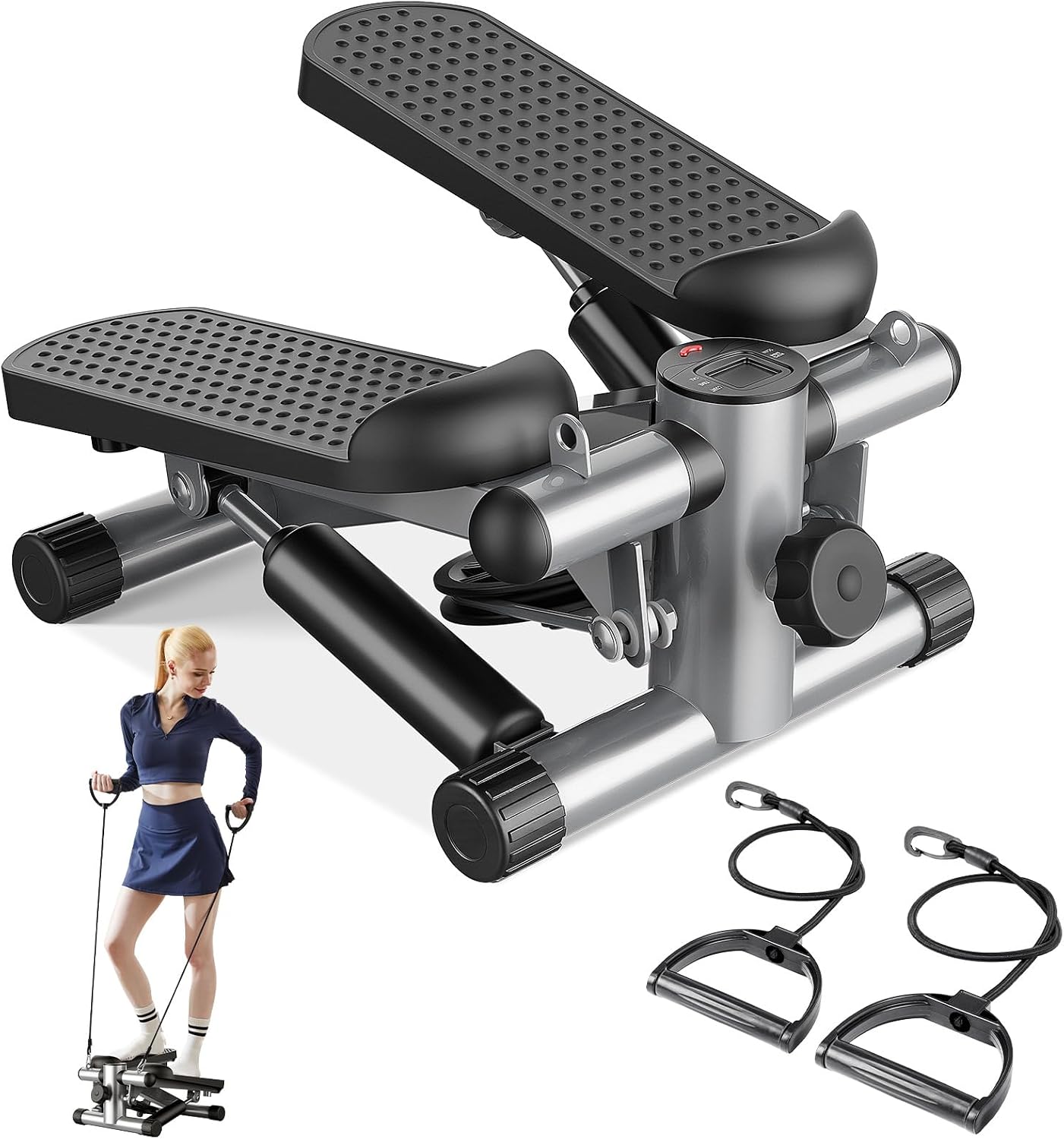 Sweetcrispy Mini Stair Steppers with Resistance Bands for Exercise at Home, Portable Exercise Twist Stepper Machine for Full Body Workout, 300LBS Capacity