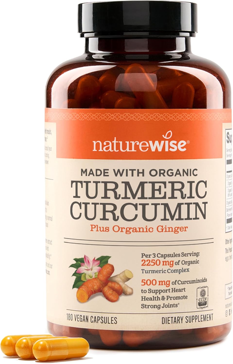 NatureWise Turmeric Curcumin 2250mg Supplement with BioPerine, 180 Capsules