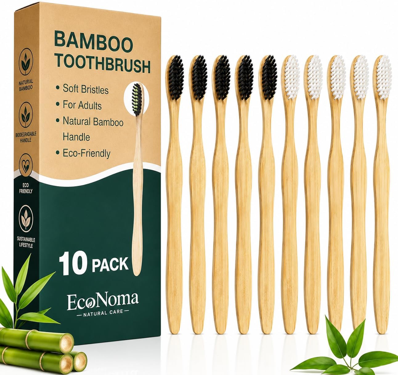 Bamboo Toothbrushes for Adults 10 Pack, Eco Friendly Wooden Toothbrush with Soft BPA Free Bristles, Natural Biodegradable Organic Toothbrush, Plastic Free Bulk Toothbrushes for Sustainable Oral Care